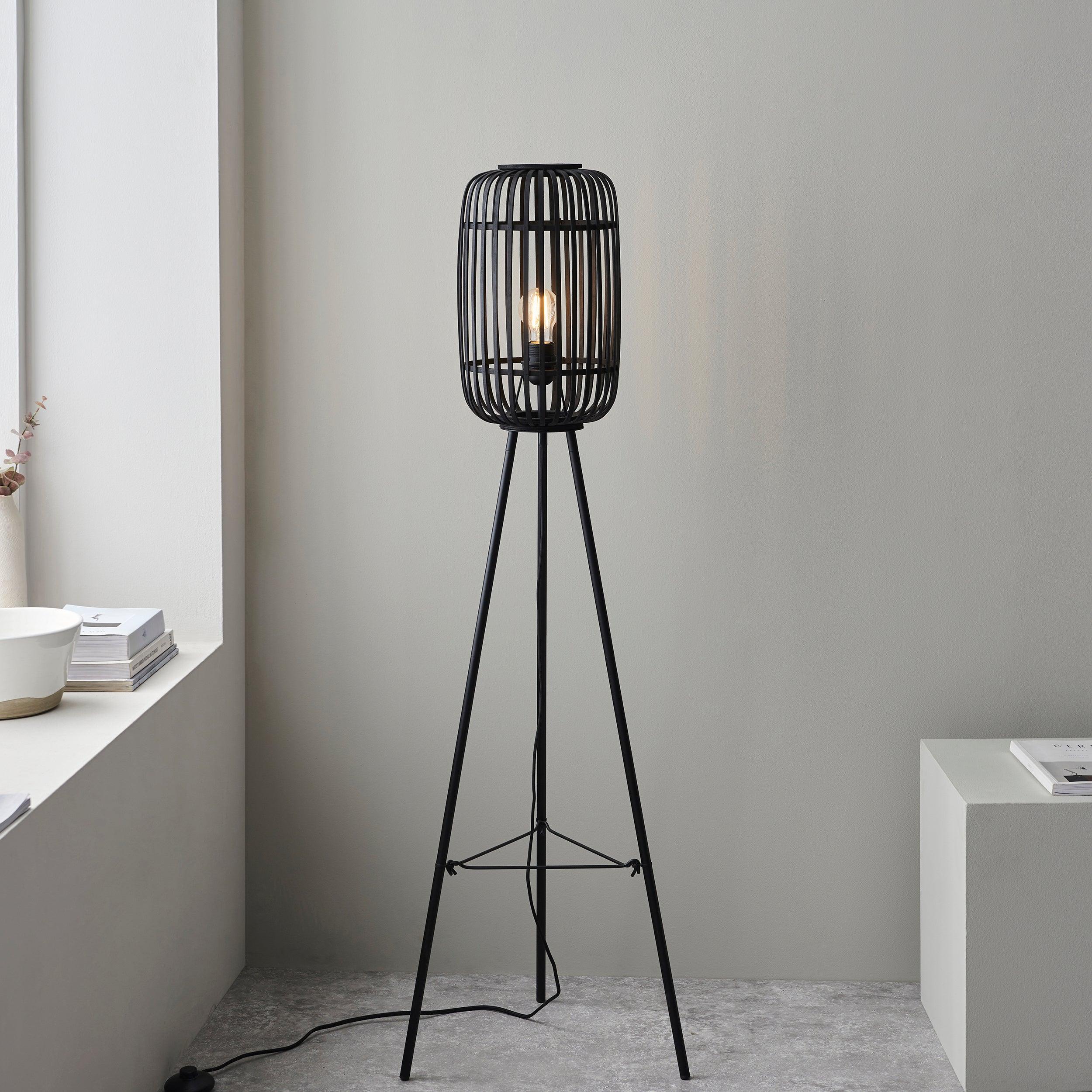 mathias black floor lamp with bamboo shade by Endon Lighting Living room close up image