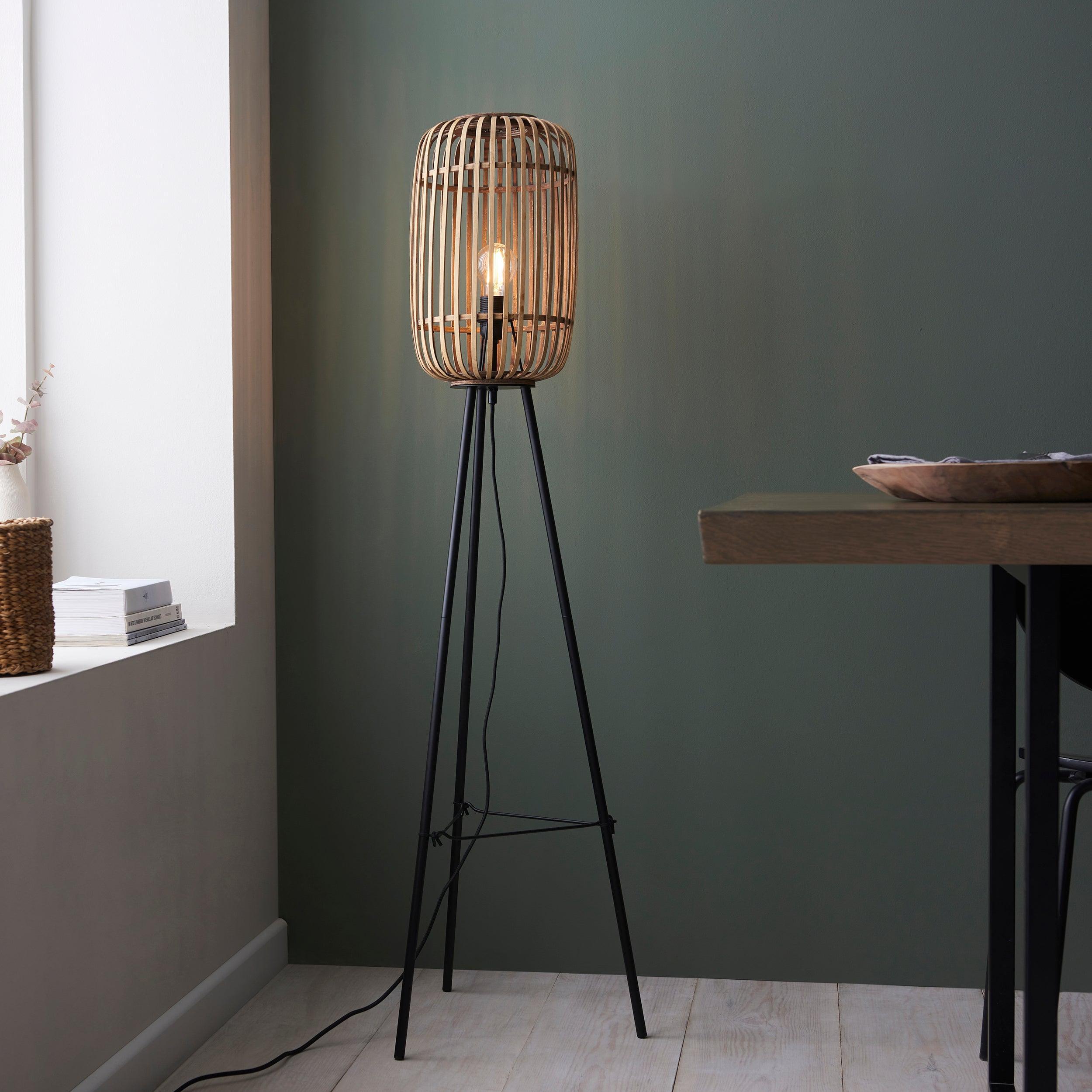 mathias 1 light black floor lamp with bamboo shade by Endon Lighting Living room close up image