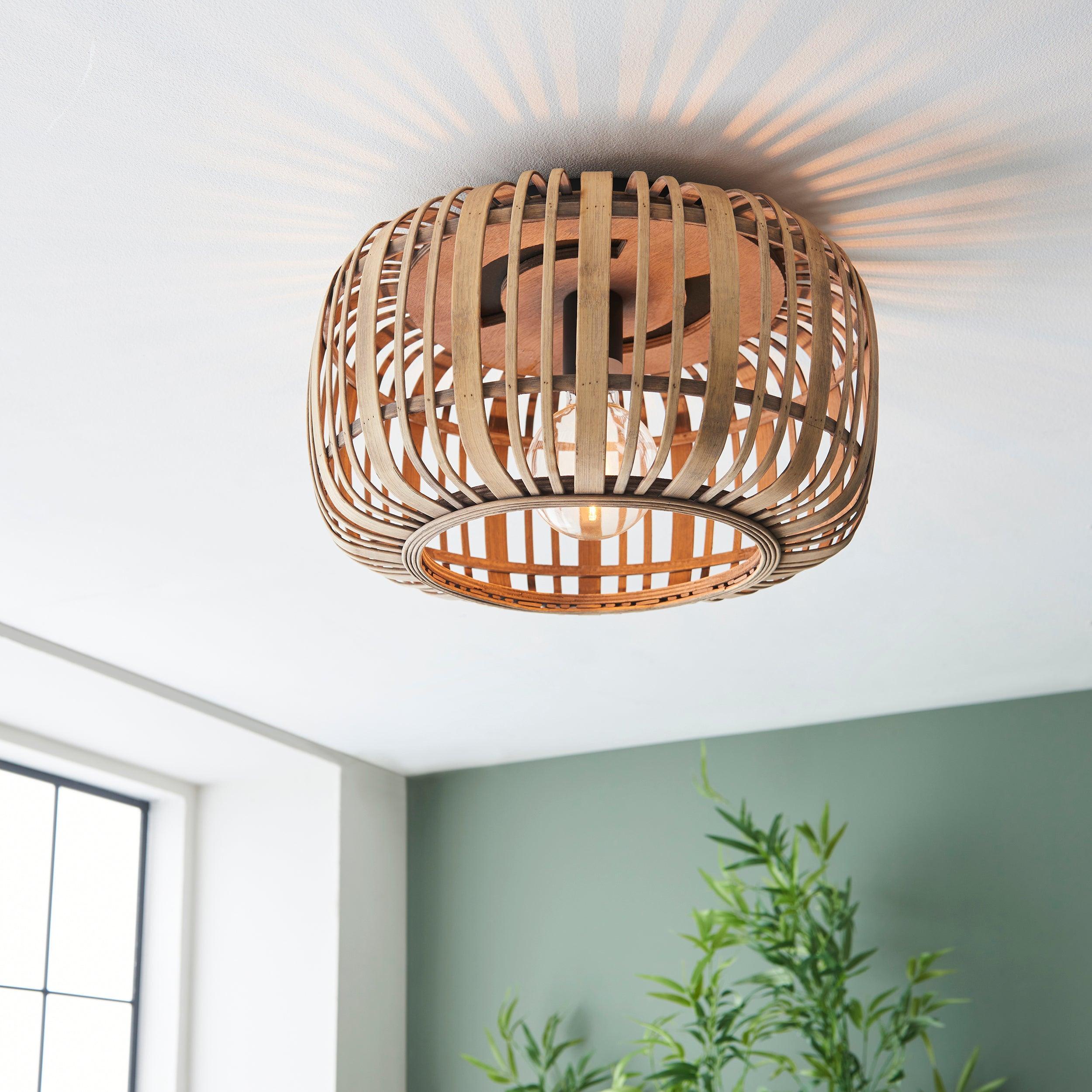 Endon Mathias 1 Light Bamboo Cage Living Room Ceiling Flush Image 2