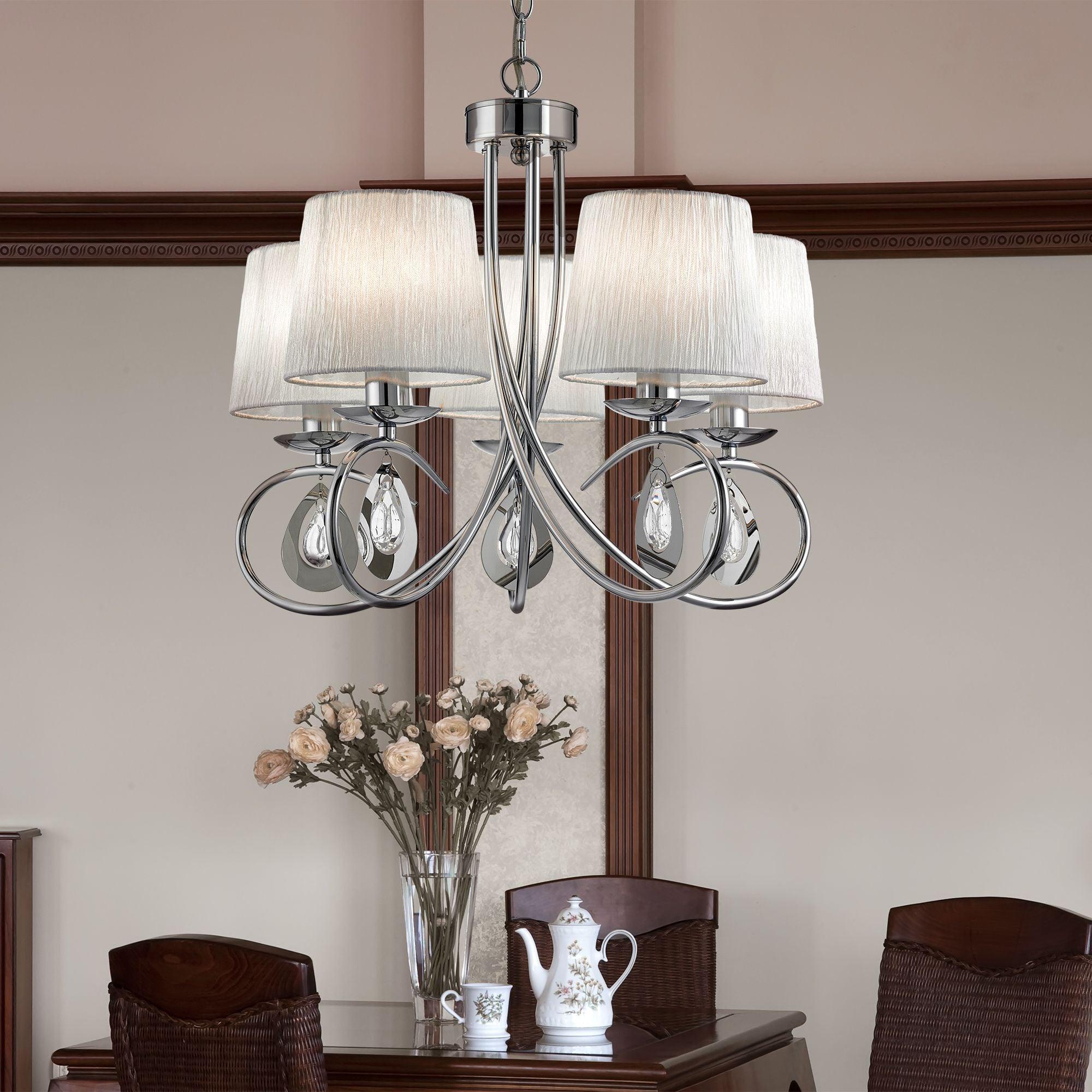 Angelique 5 Light Chrome Chandelier With White Shades-5-Tiffany Lighting Direct