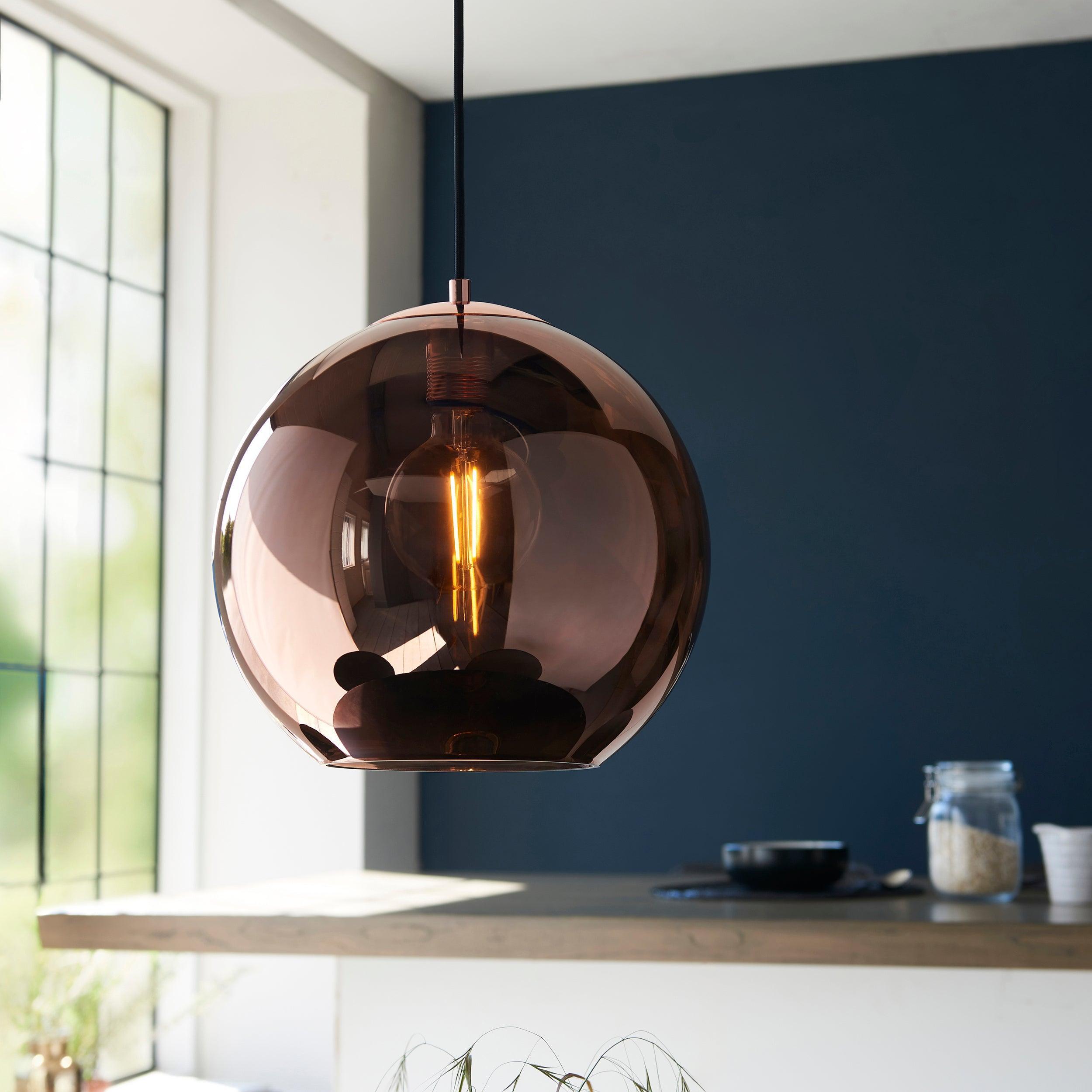 Boli Copper Mirrored Glass Ceiling Pendant-Ceiling Pendant Lights-Endon Lighting Living Room Wide Shot Lighting Tiffany Lighting Direct