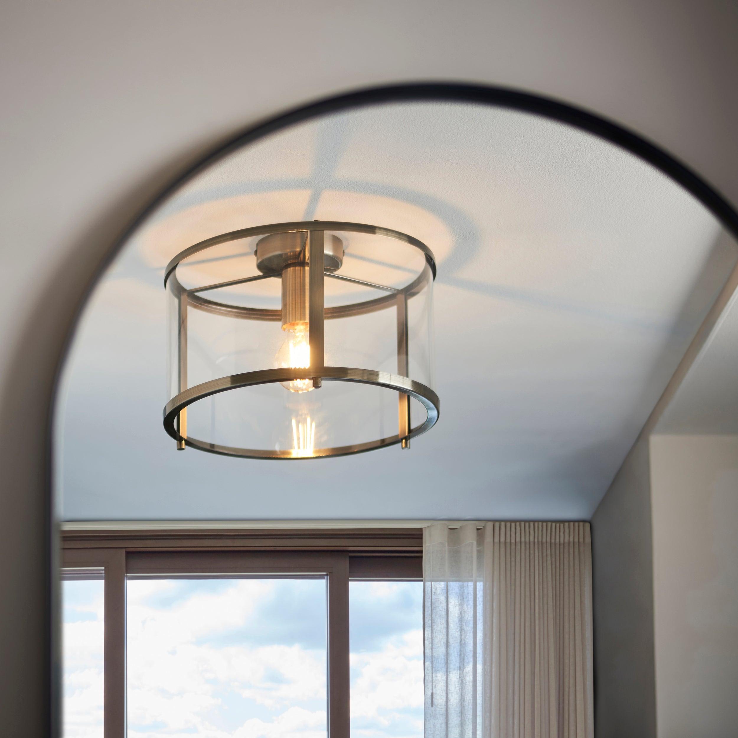 Hopton Brass & Glass living room Ceiling Flush shade close up