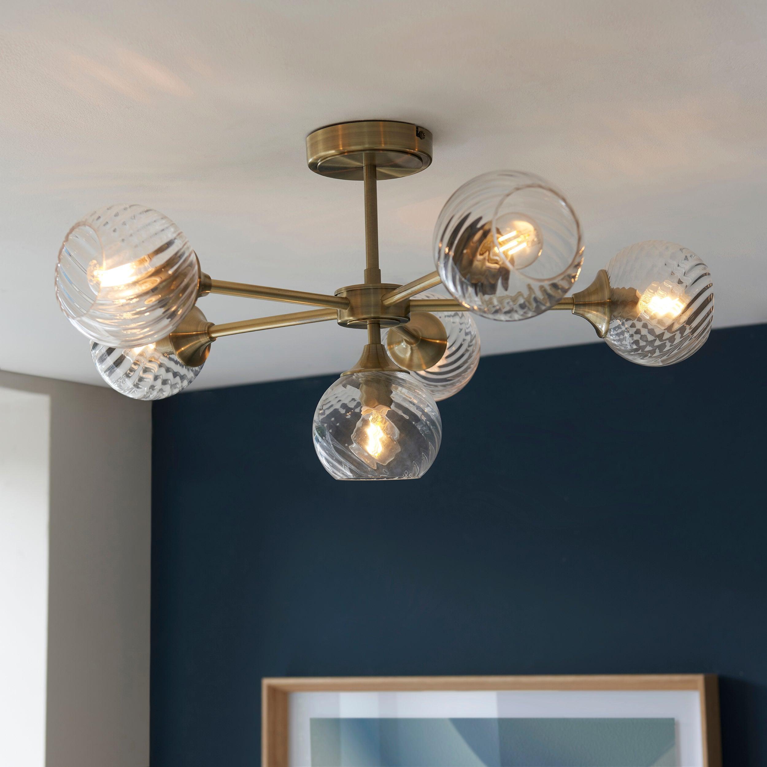 Allegra 6 Light Brass Semi Flush living room fixture - Glass Shades close up