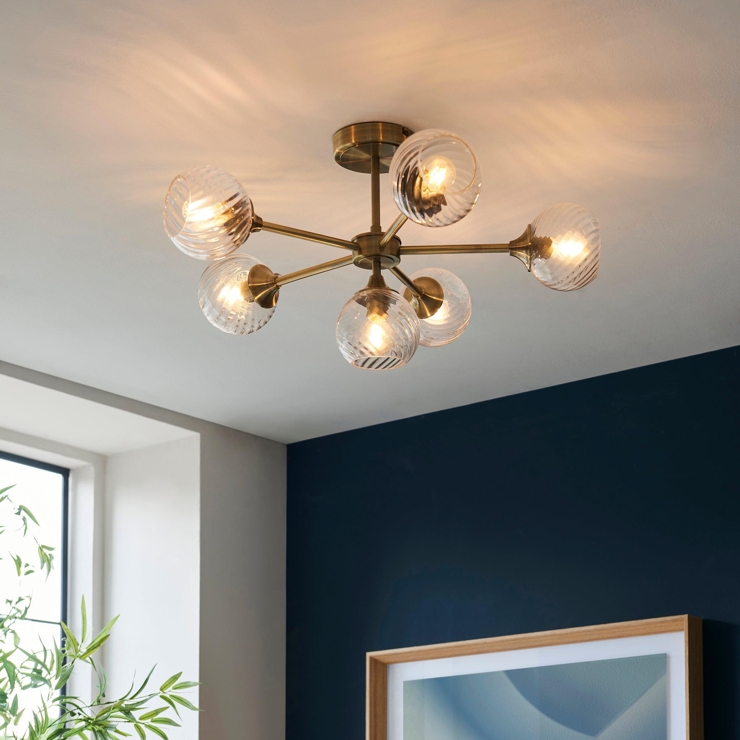Allegra 6 Light Brass Semi Flush living room fixture - Glass Shades dimmable