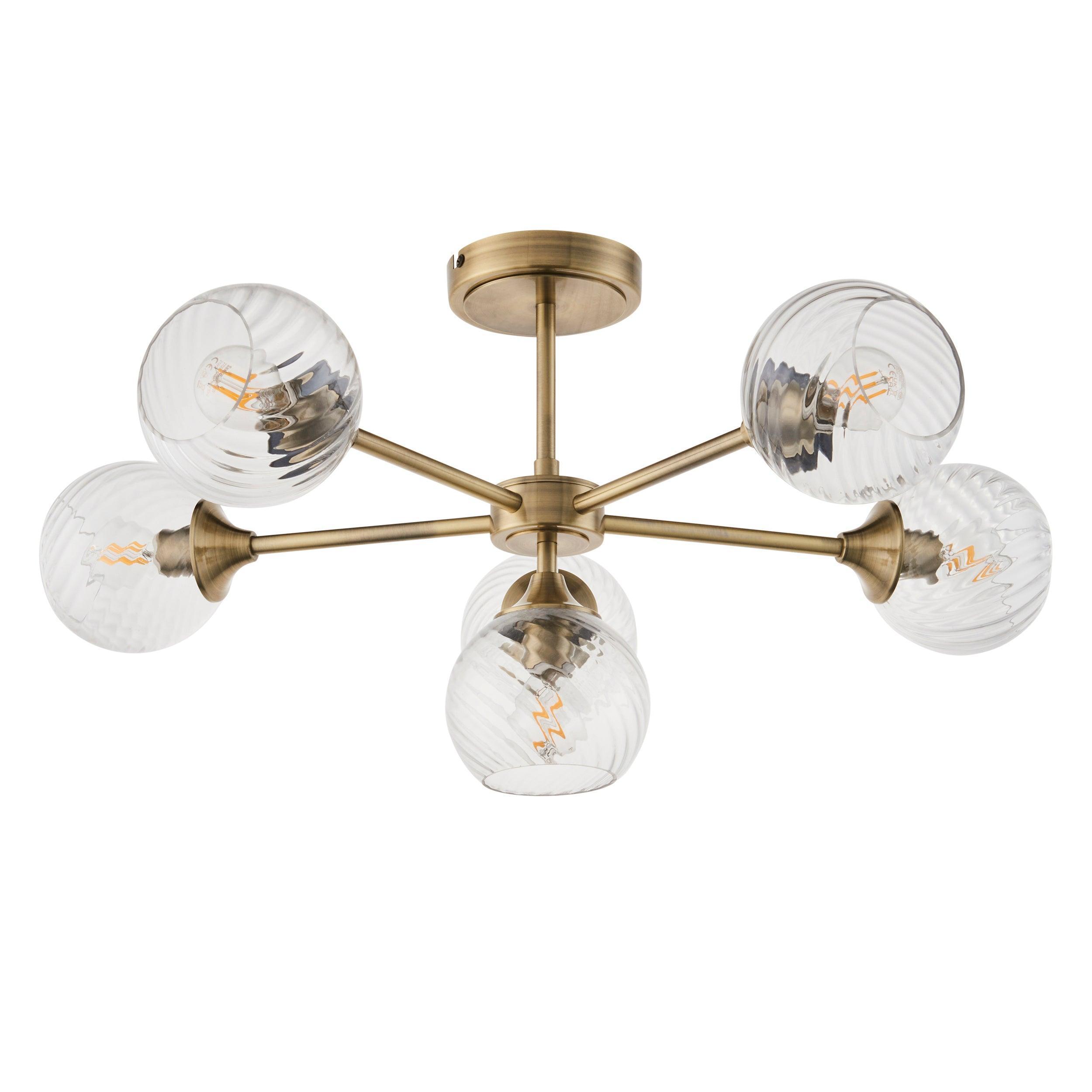 Allegra 6 Light Brass Semi Flush - hallway fixture Glass Shades bulb guide