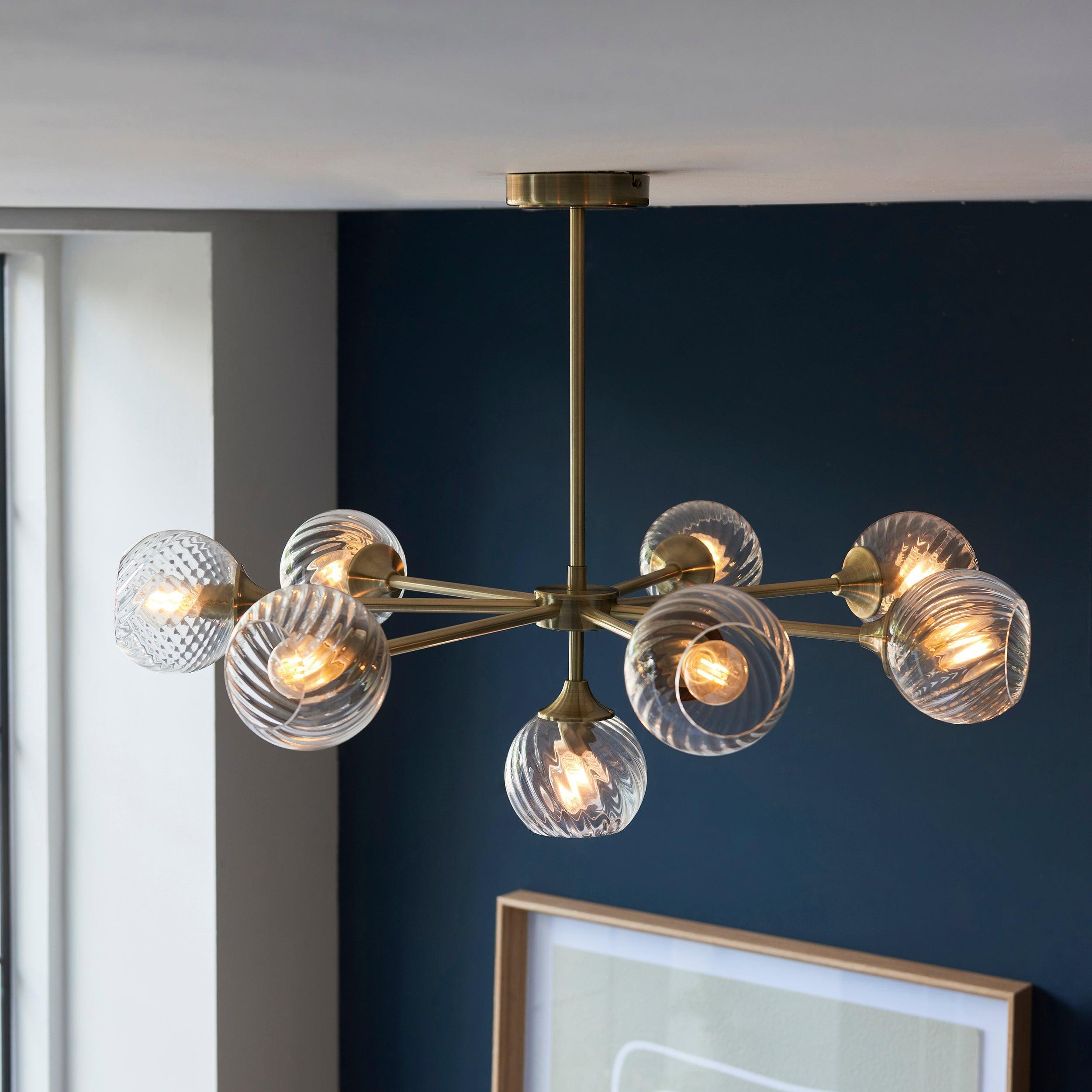 Allegra 8 Light Brass Pendant - Glass Shades-Ceiling Pendant Lights-Endon Lighting Living Room Wide Shot Lighting Tiffany Lighting Direct