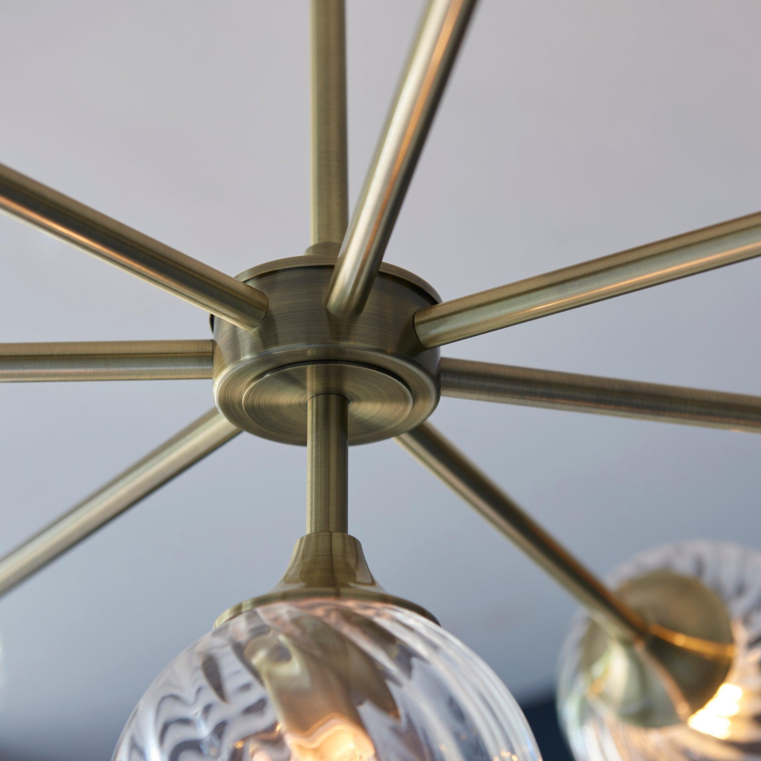 Allegra 8 Light Brass Pendant - Glass Shades-Ceiling Pendant Lights-Endon Lighting living room close. up unlit Tiffany Lighting Direct