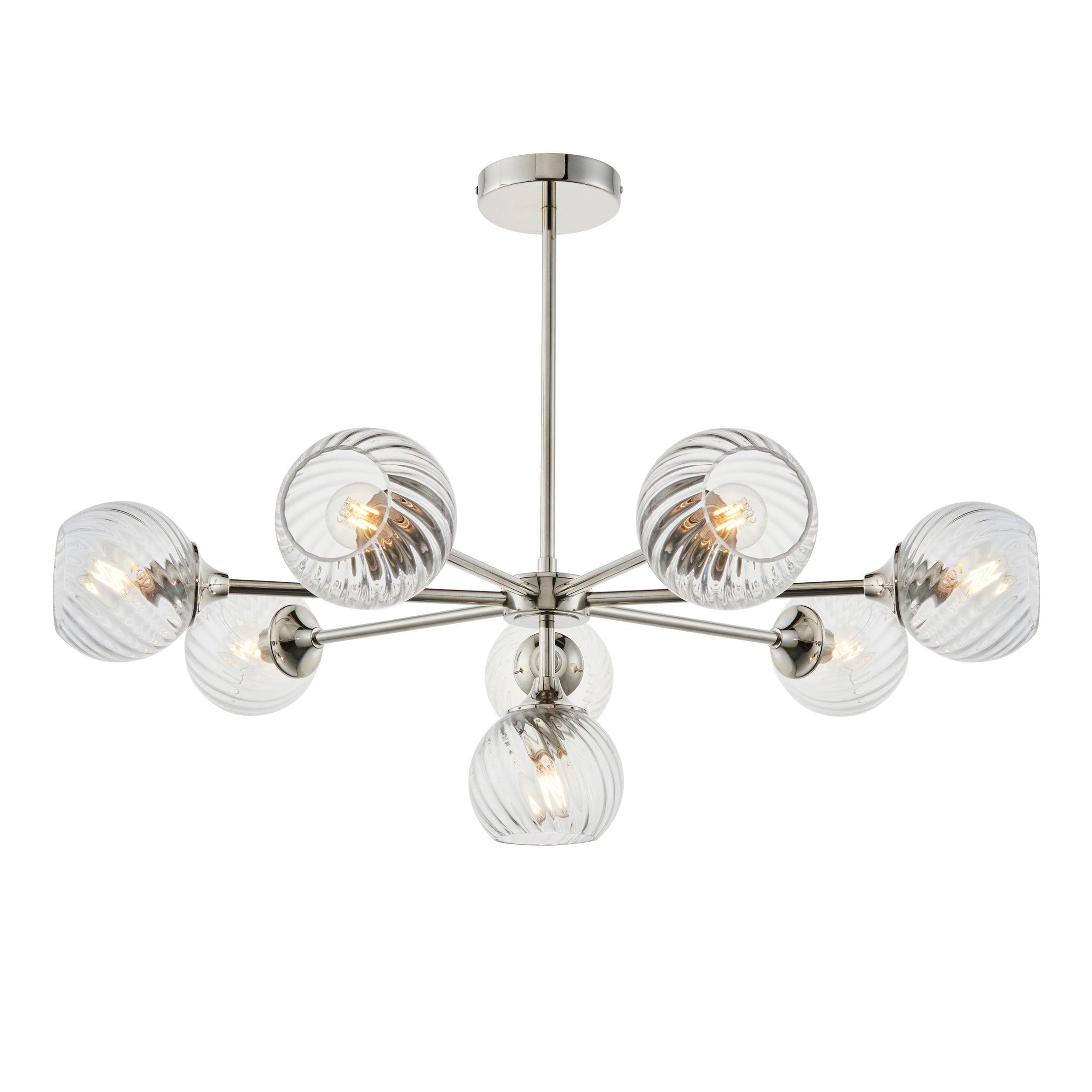 Allegra 8 Light Nickel Pendant - Glass Shades-Ceiling Pendant Lights-Endon Lighting Living Room Close Up Lighting Tiffany Lighting Direct