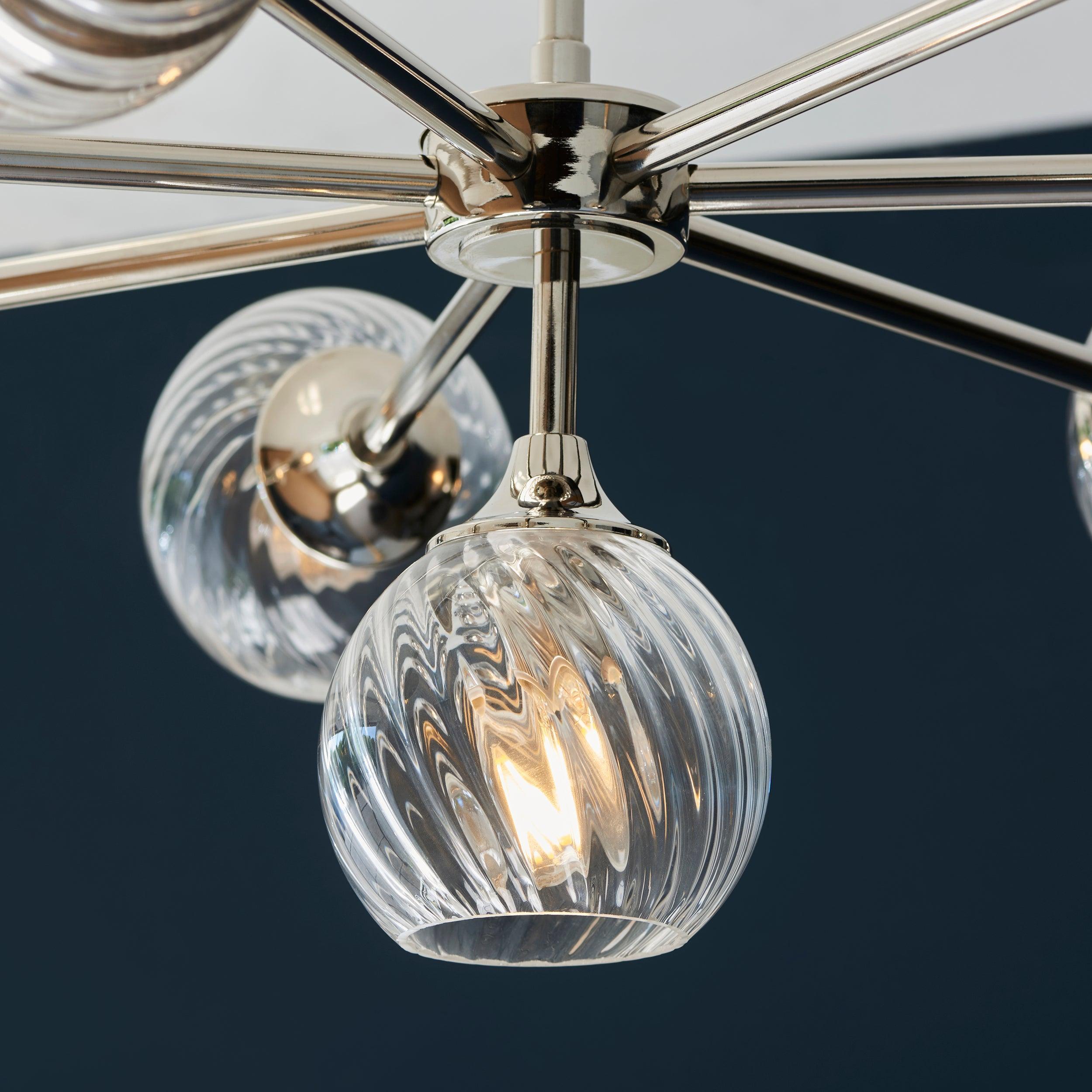 Allegra 8 Light Nickel Pendant - Glass Shades-Ceiling Pendant Lights-Endon Lighting living room close up Tiffany Lighting Direct