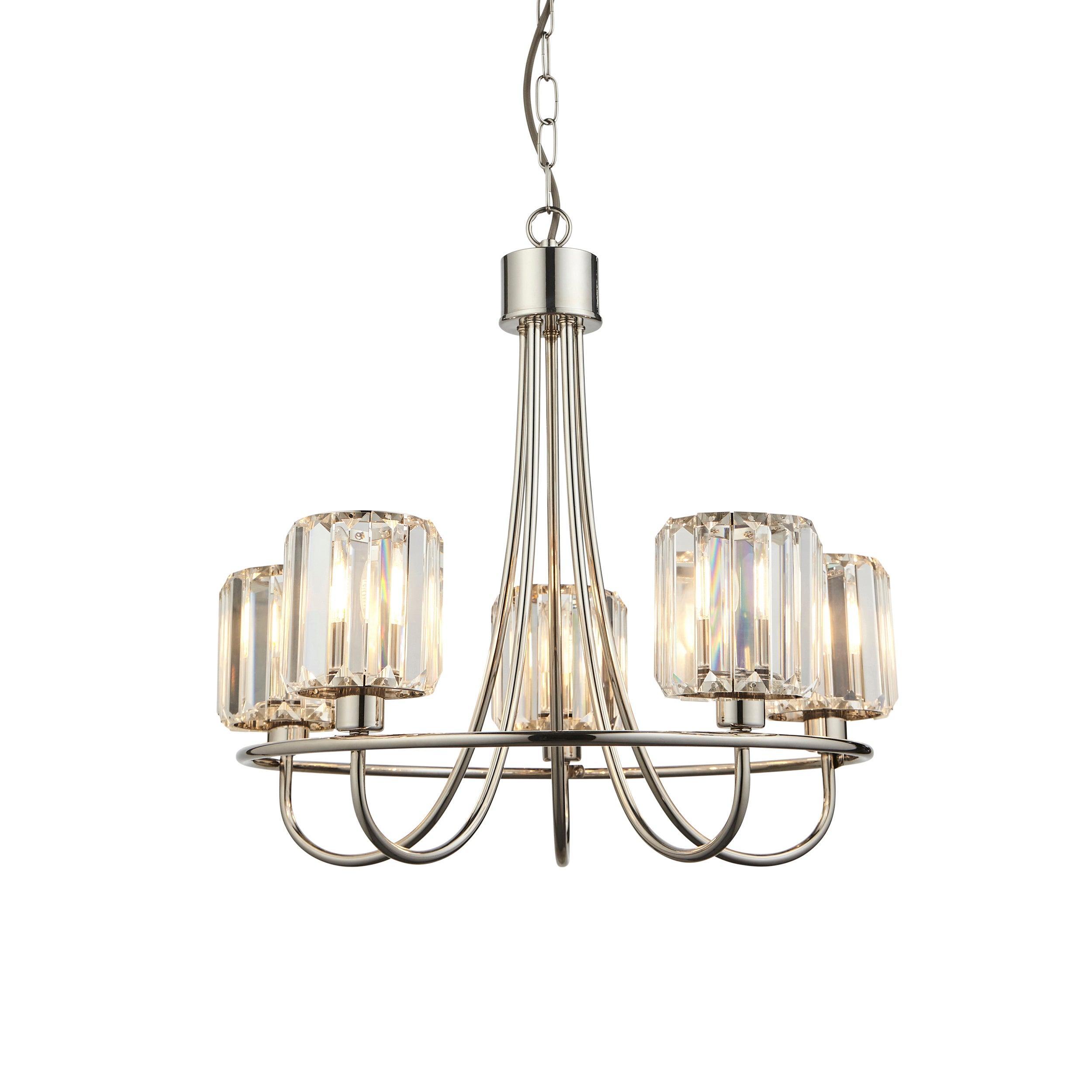 Berenice 5 Light Nickel Pendant - Clear Cut Glass Shades-Ceiling Pendant Lights-Endon Lighting Living Room Close Up Lighting Tiffany Lighting Direct