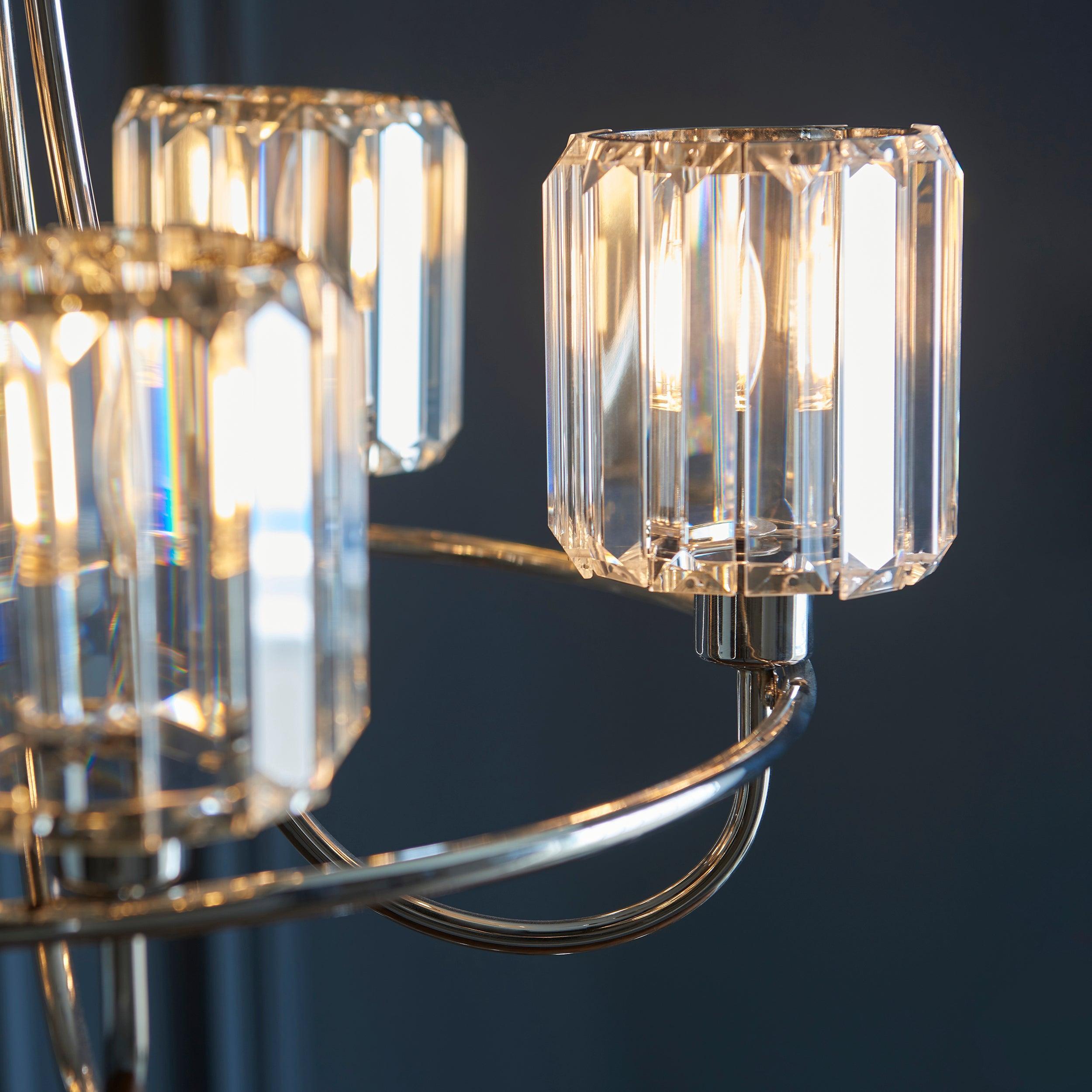 Berenice 5 Light Nickel Pendant - Clear Cut Glass Shades-Ceiling Pendant Lights-Endon Lighting living room close. up unlit Tiffany Lighting Direct