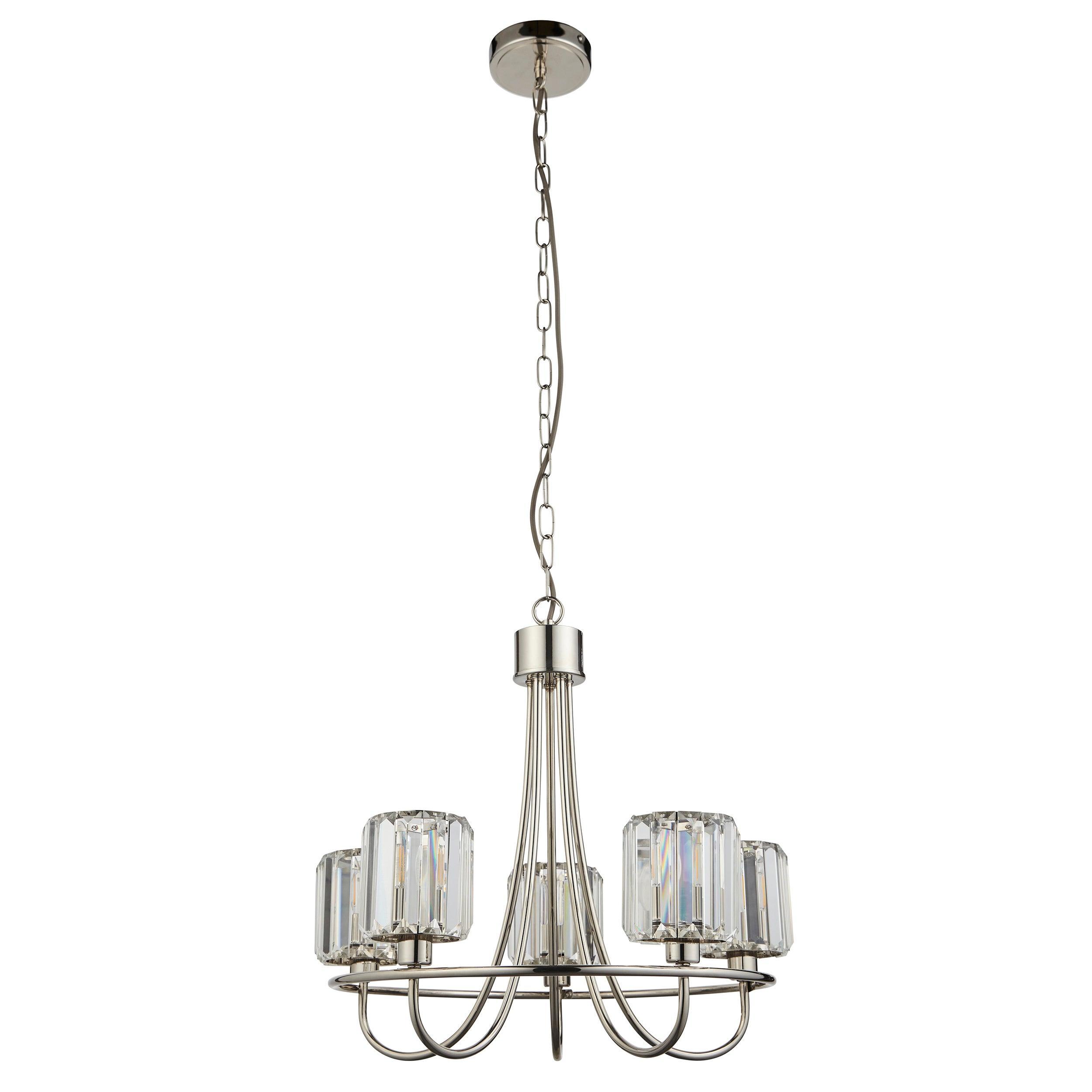 Berenice 5 Light Nickel Pendant - Clear Cut Glass Shades-Ceiling Pendant Lights-Endon Lighting Hallway Lighting Close upTiffany Lighting Direct