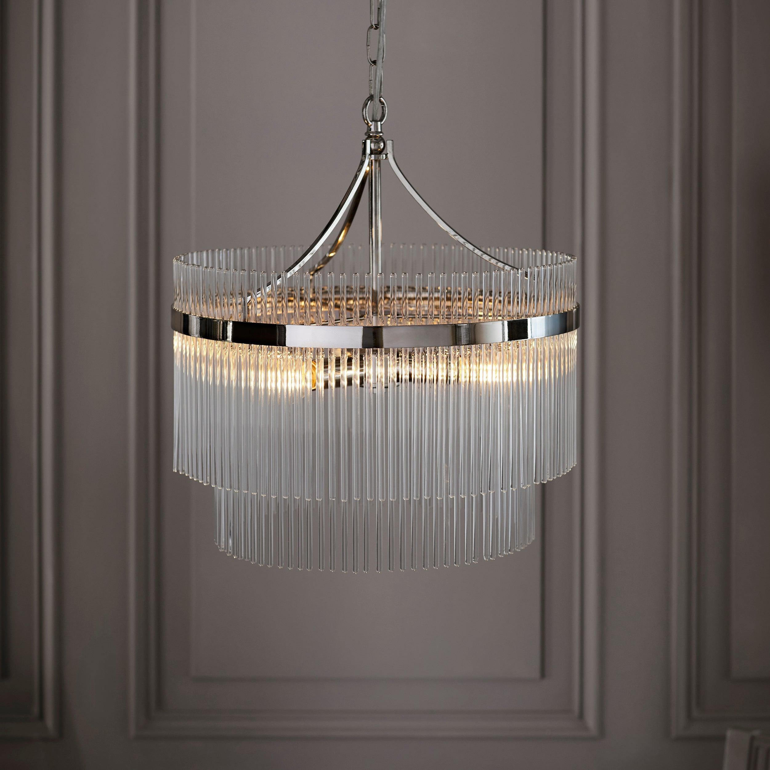 Marietta Nickel 5 Light Ceiling Pendant - Glass Rods-Ceiling Pendant Lights-Endon Lighting Living Room Close Up Lighting Tiffany Lighting Direct