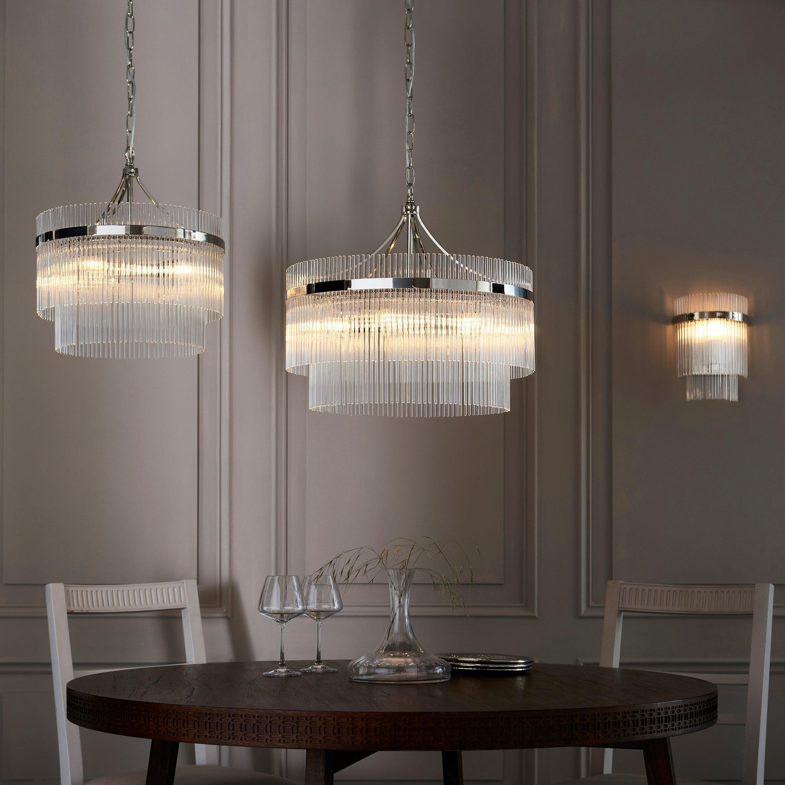 Marietta Nickel 5 Light Ceiling Pendant - Glass Rods-Ceiling Pendant Lights-Endon Lighting living room close. up unlit Tiffany Lighting Direct