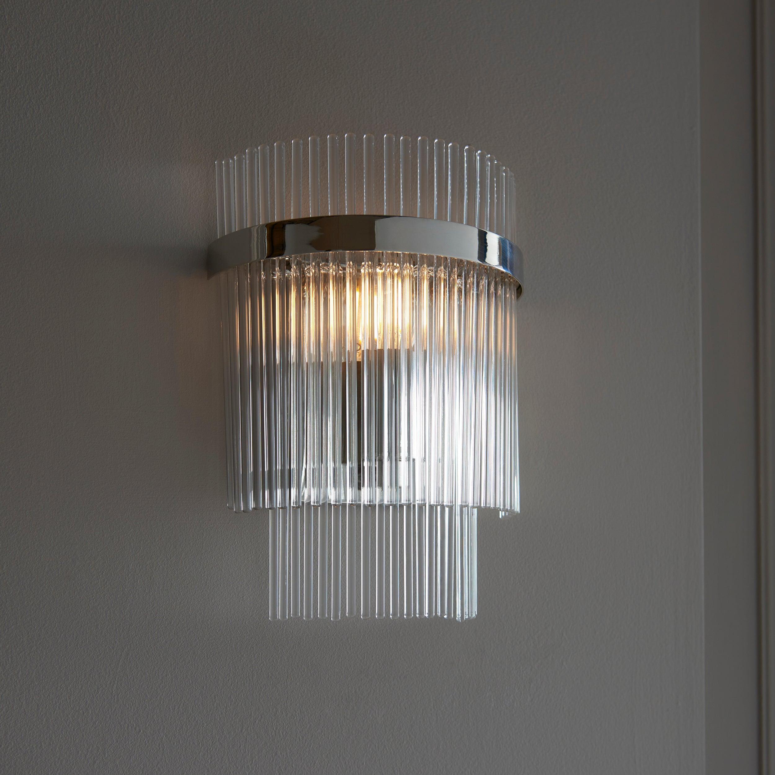 marietta nickel wall light glass rod shade by Endon Lighting Living room close up image