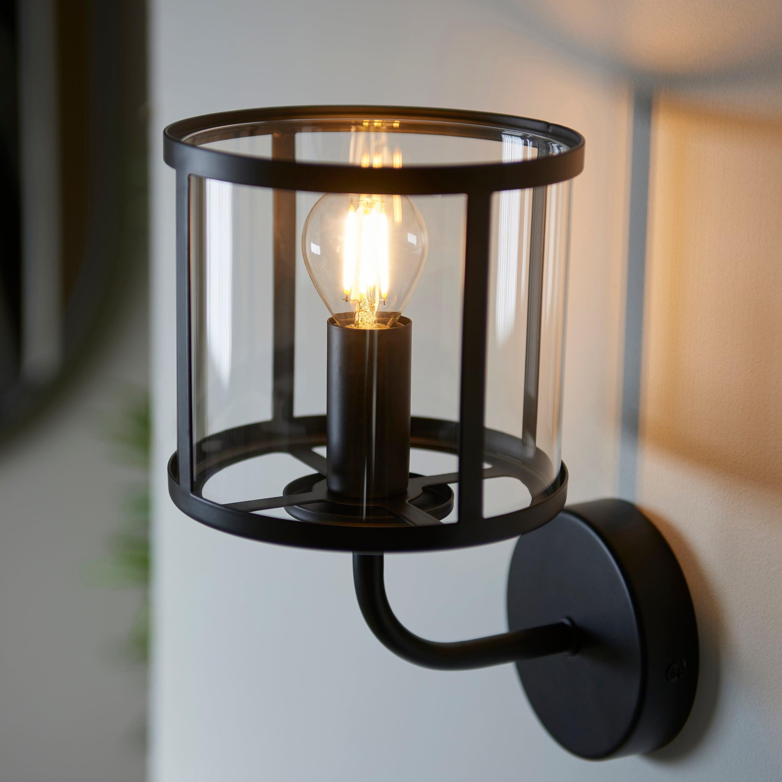 hopton black wall light clear glass shade by Endon Lighting Bedroom Hero Shot