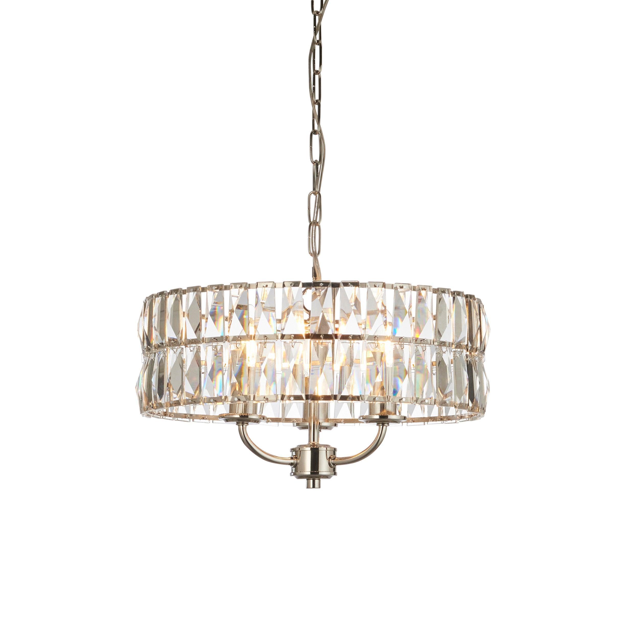 Clifton 3 Light Nickel & Clear Cut Glass Pendant-Ceiling Pendant Lights-Endon Lighting Living Room Close Up Lighting Tiffany Lighting Direct
