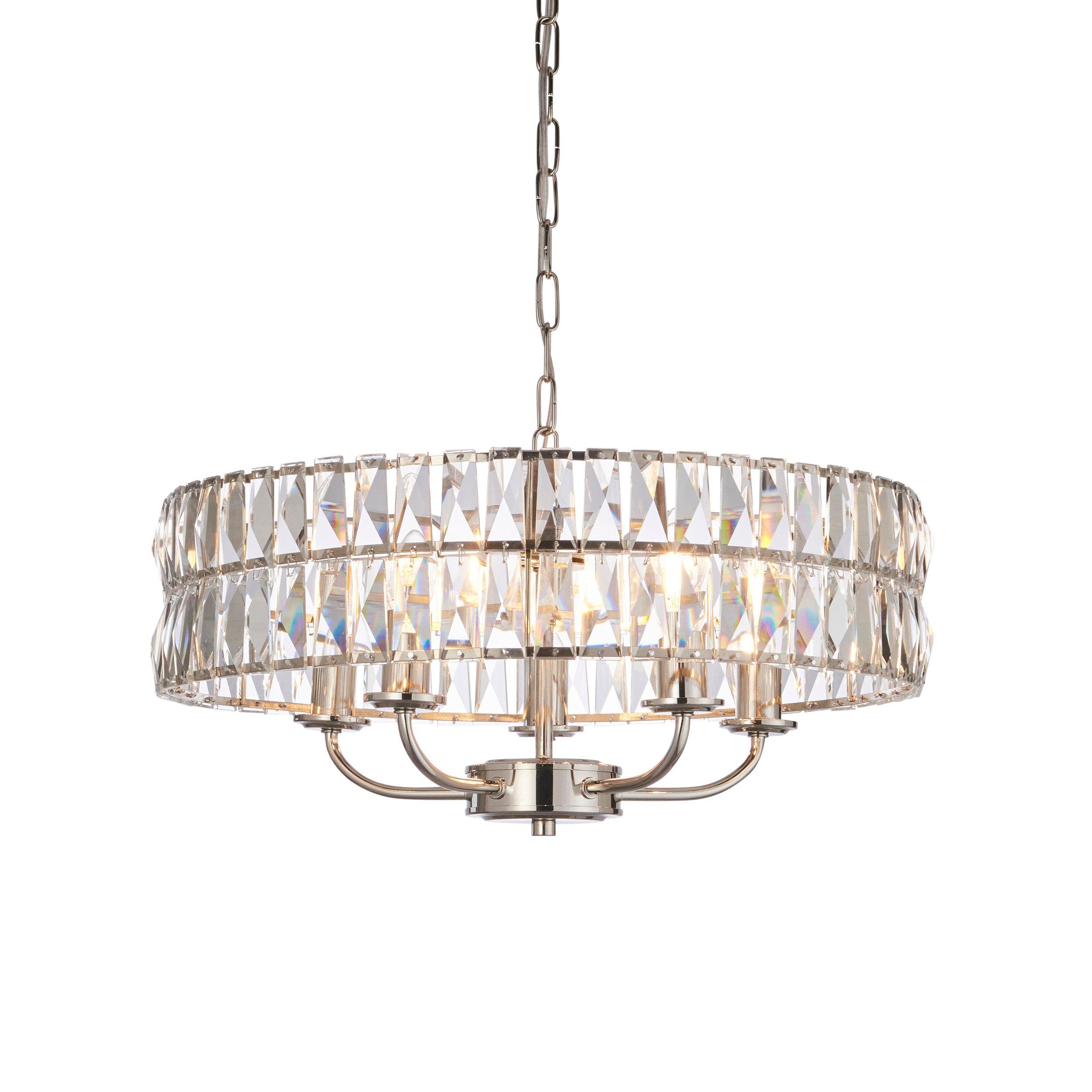 Clifton 5 Light Nickel & Clear Cut Glass Pendant-Ceiling Pendant Lights-Endon Lighting Living Room Close Up Lighting Tiffany Lighting Direct