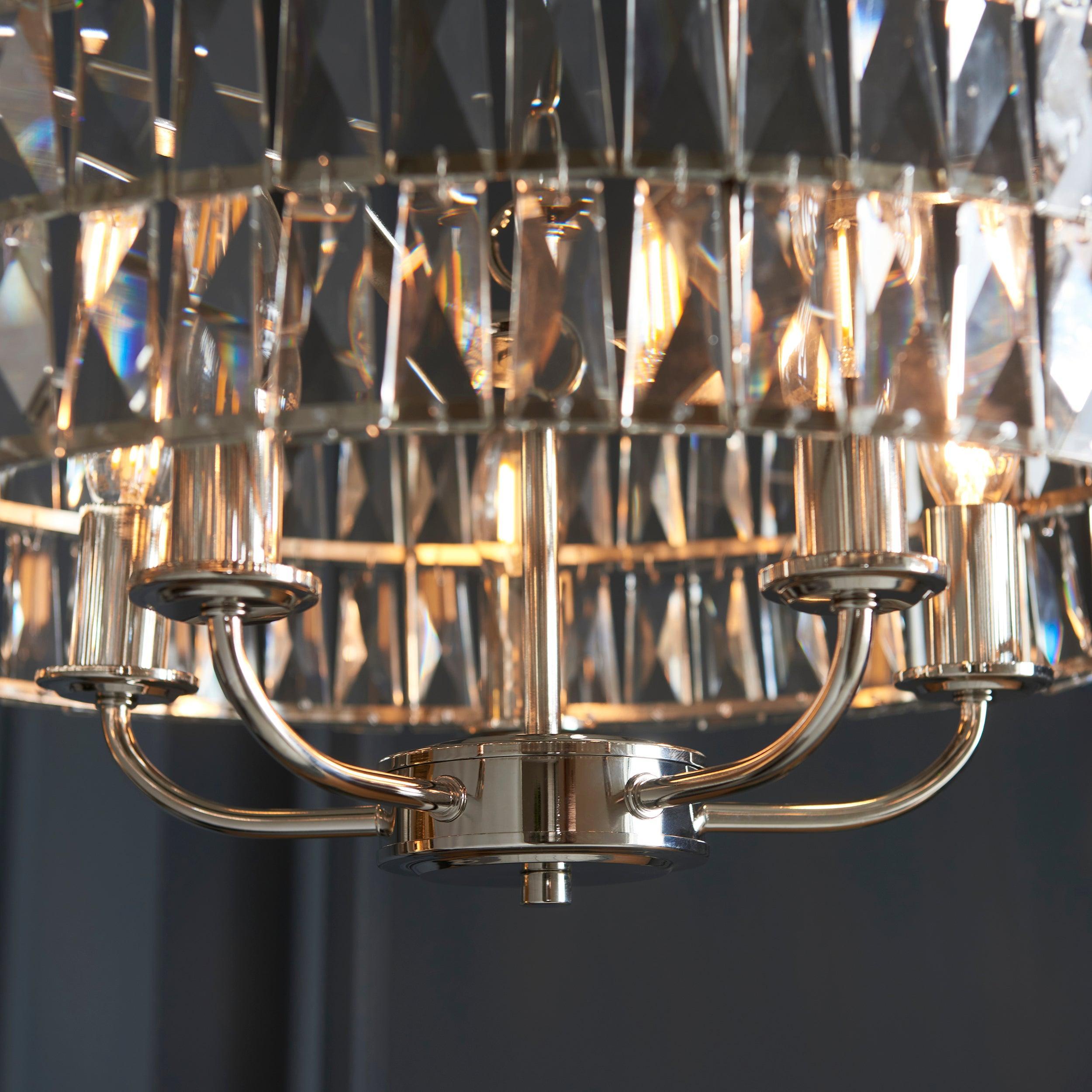 Clifton 5 Light Nickel & Clear Cut Glass Pendant-Ceiling Pendant Lights-Endon Lighting living room close. up unlit Tiffany Lighting Direct
