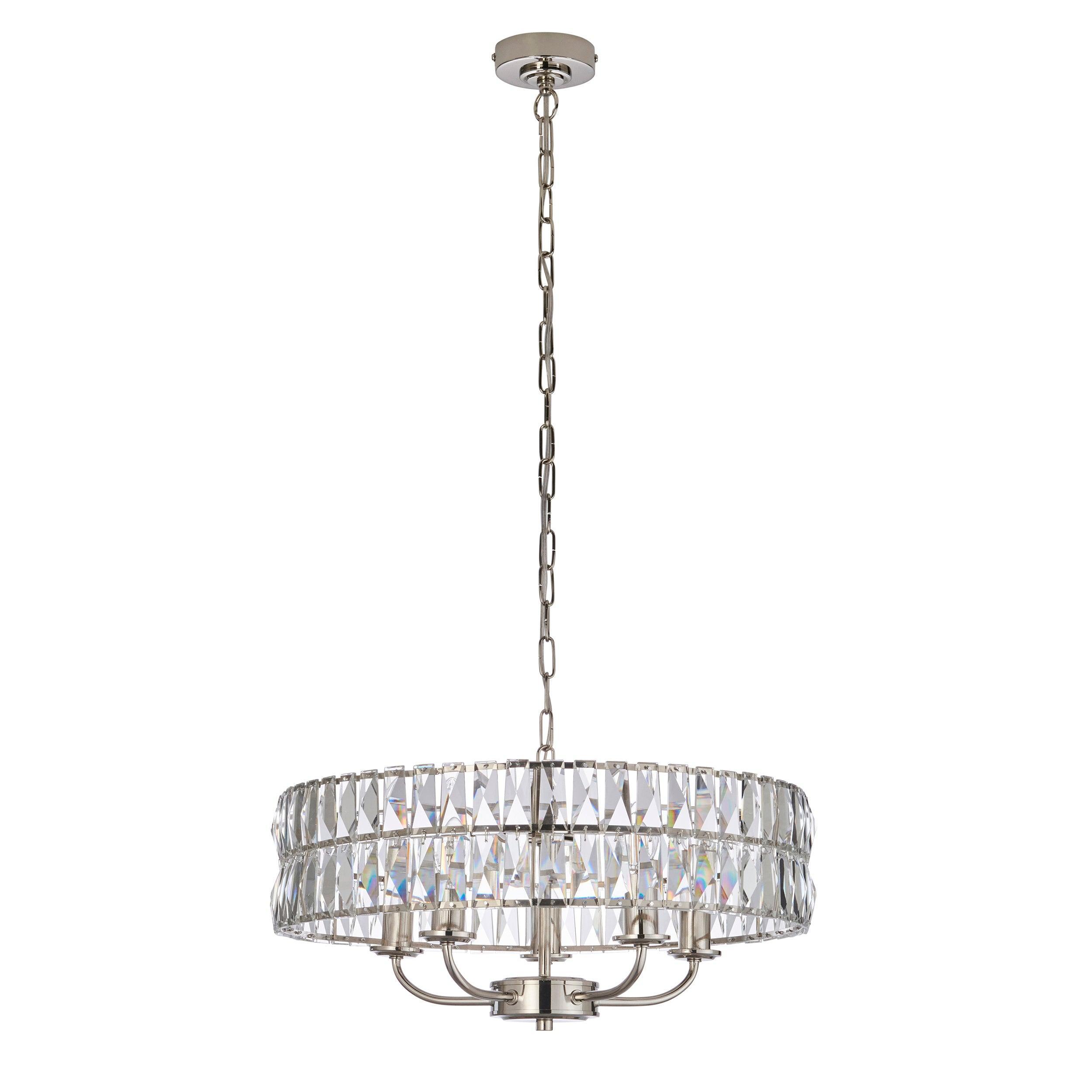 Clifton 5 Light Nickel & Clear Cut Glass Pendant-Ceiling Pendant Lights-Endon Lighting Hallway Lighting Close upTiffany Lighting Direct