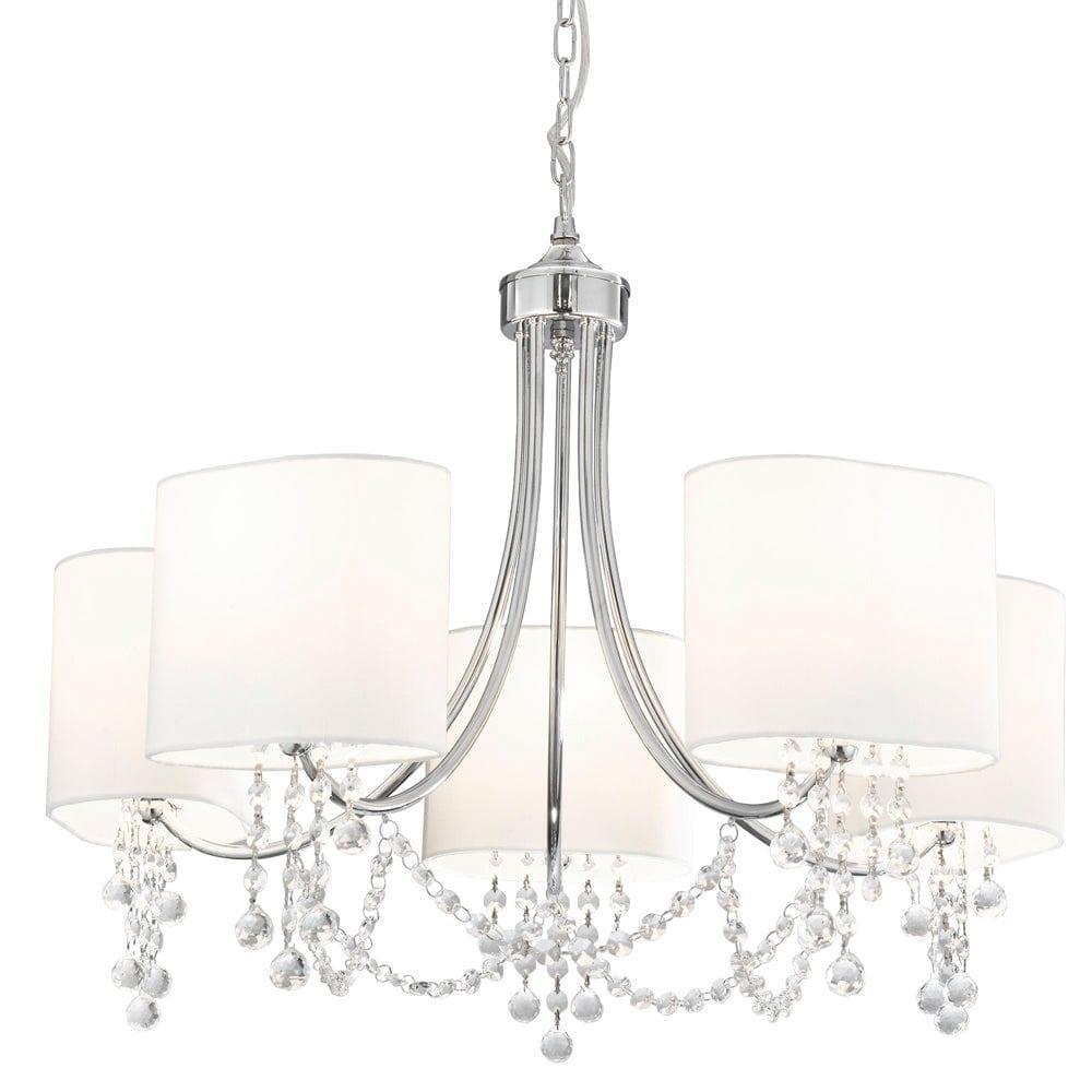 Nina 5 Light Chrome & Crystal Pendant Ceiling Light - White Shades-Ceiling Pendant Lights-1-Tiffany Lighting Direct