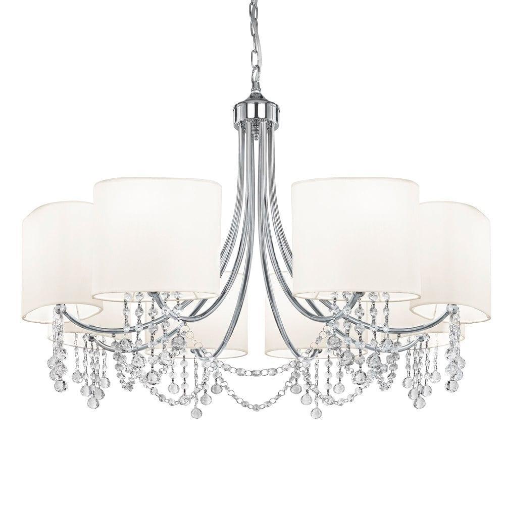 Nina 8 Light Chrome & Crystal Pendant Ceiling Light - White Shades-Ceiling Pendant Lights-1-Tiffany Lighting Direct