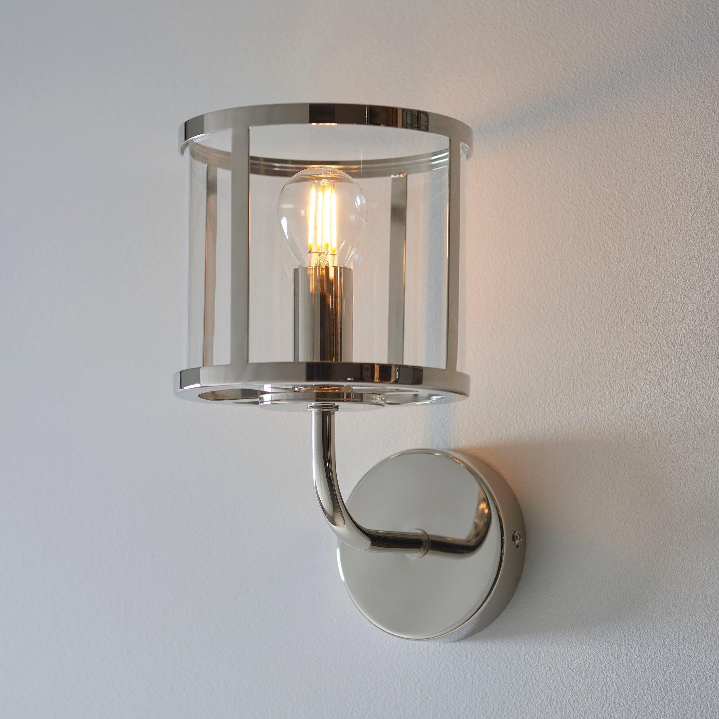 hopton nickel wall light clear glass shade by Endon Lighting Living room close up image