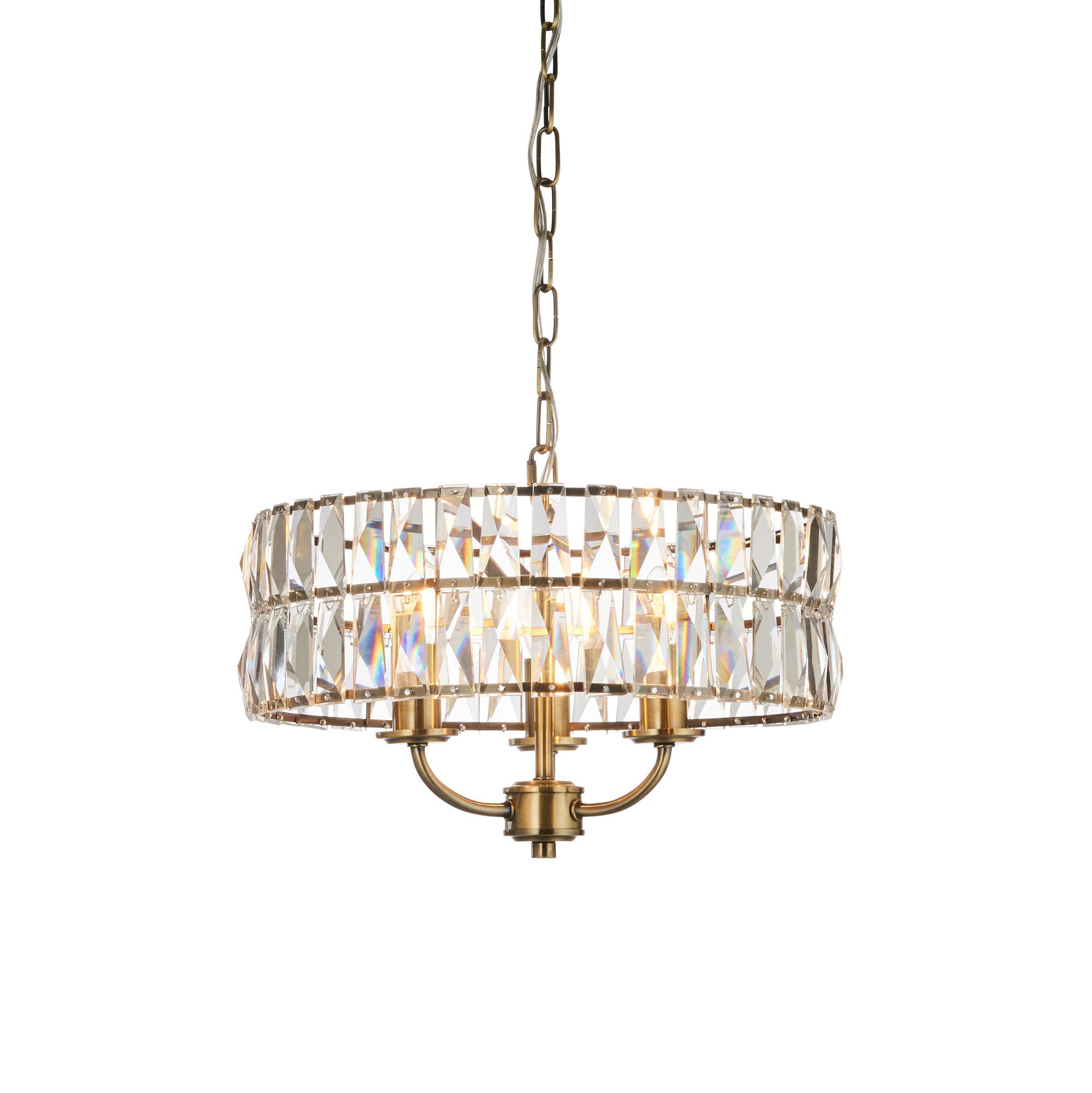 Clifton 3 Light Brass & Clear Cut Glass Pendant-Ceiling Pendant Lights-Endon Lighting Living Room Close Up Lighting Tiffany Lighting Direct