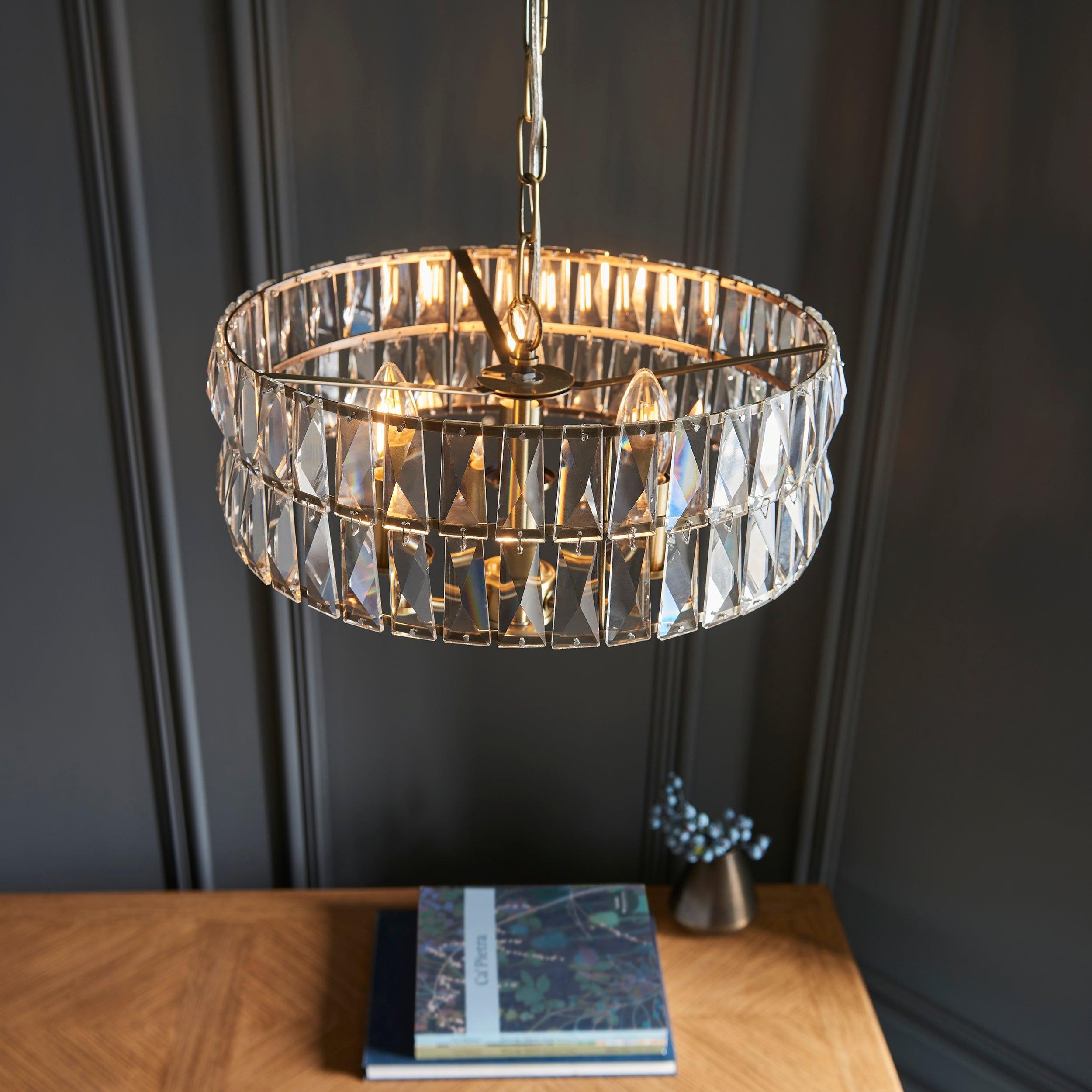 Clifton 3 Light Brass & Clear Cut Glass Pendant-Ceiling Pendant Lights-Endon Lighting living room close up Tiffany Lighting Direct