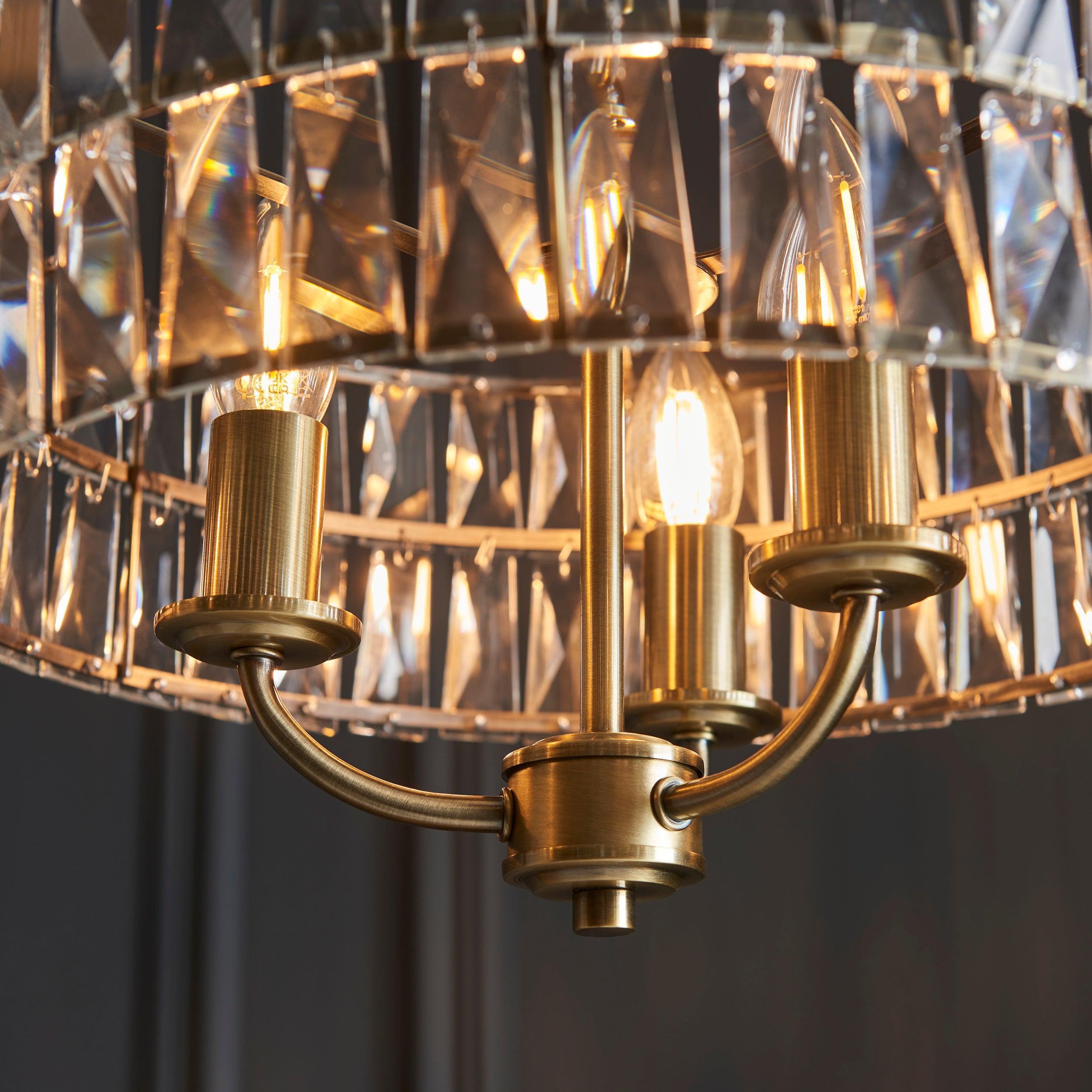 Clifton 3 Light Brass & Clear Cut Glass Pendant-Ceiling Pendant Lights-Endon Lighting living room close. up unlit Tiffany Lighting Direct
