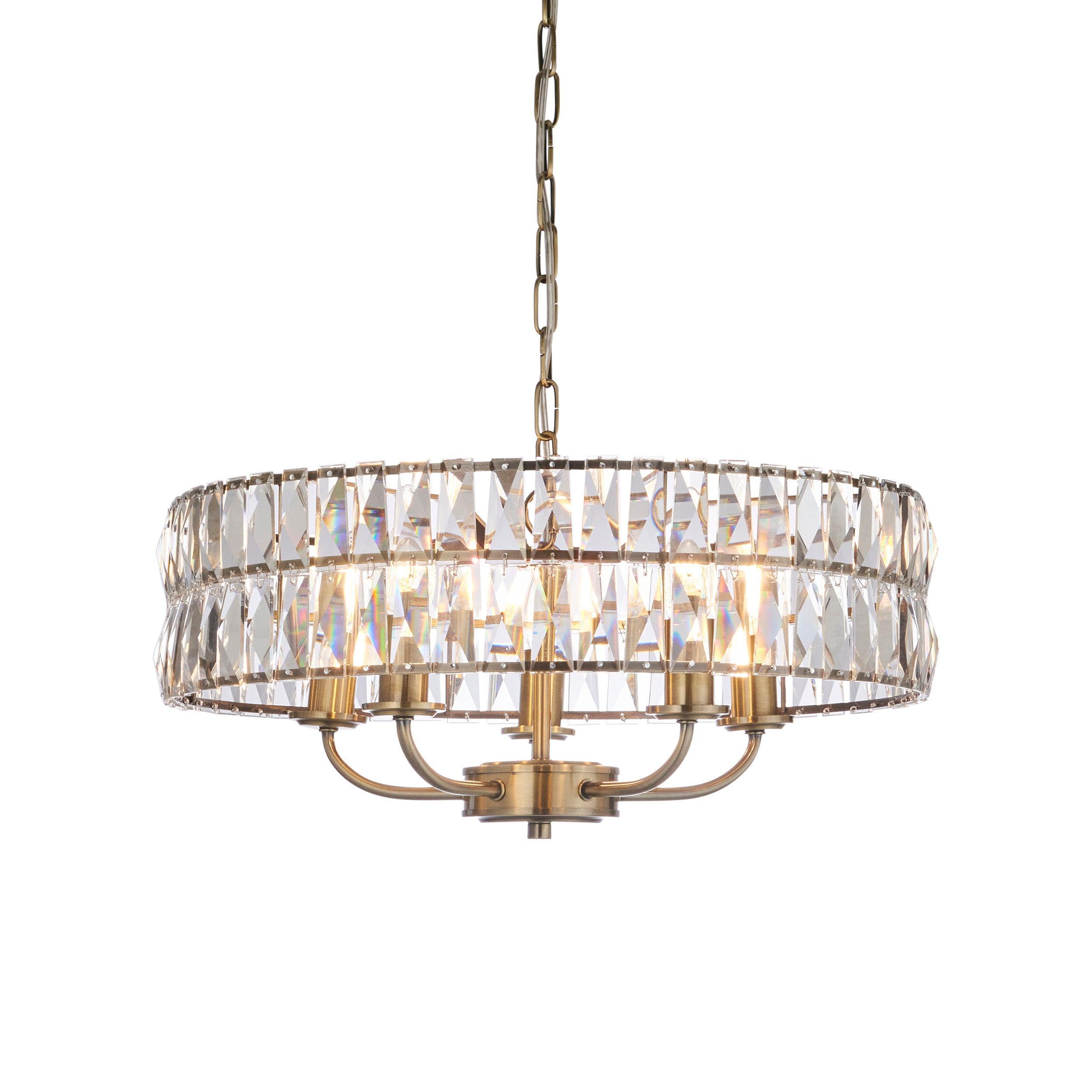 Clifton 5 Light Brass & Clear Cut Glass Pendant-Ceiling Pendant Lights-Endon Lighting Living Room Close Up Lighting Tiffany Lighting Direct