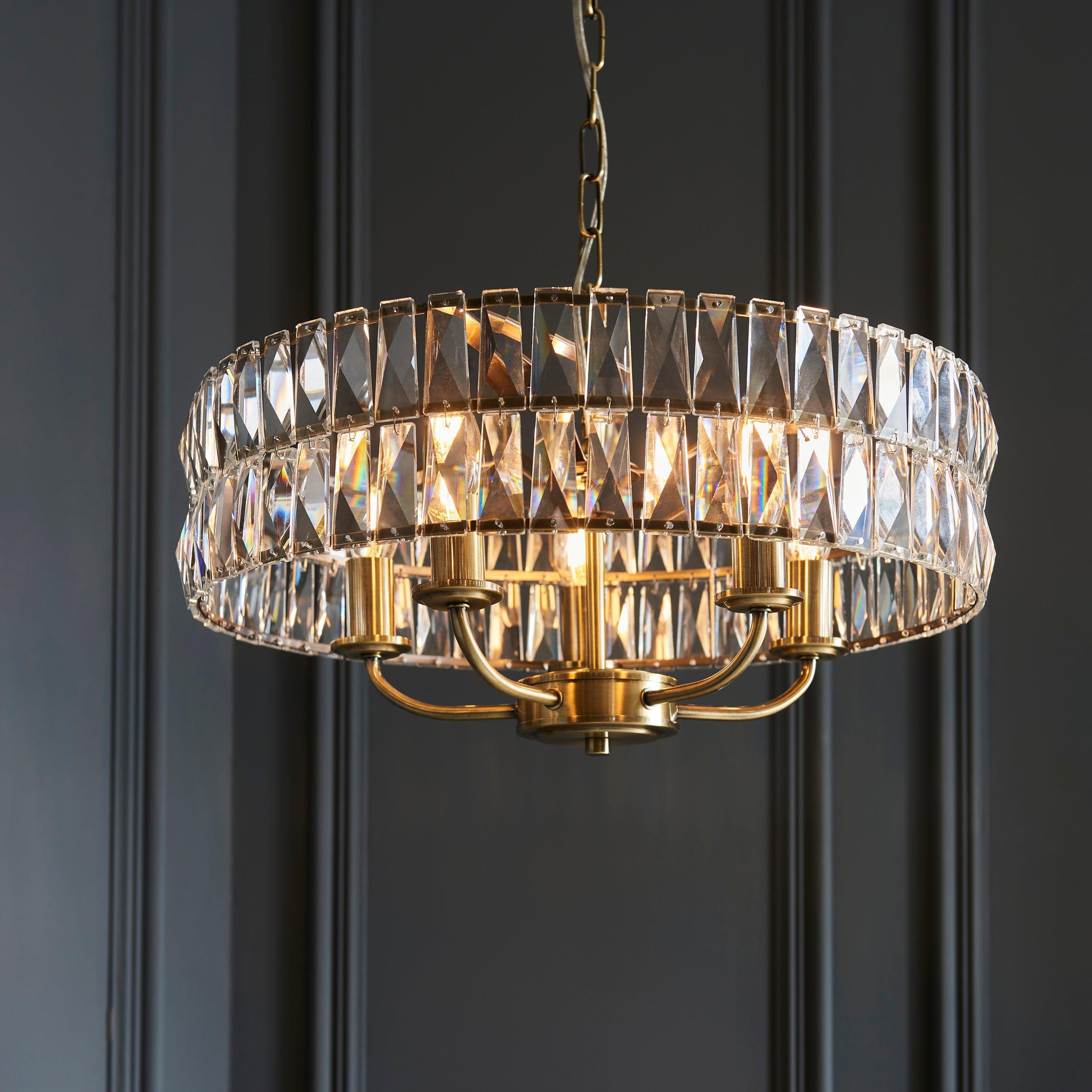 Clifton 5 Light Brass & Clear Cut Glass Pendant-Ceiling Pendant Lights-Endon Lighting hallway lighting photo Tiffany Lighting Direct