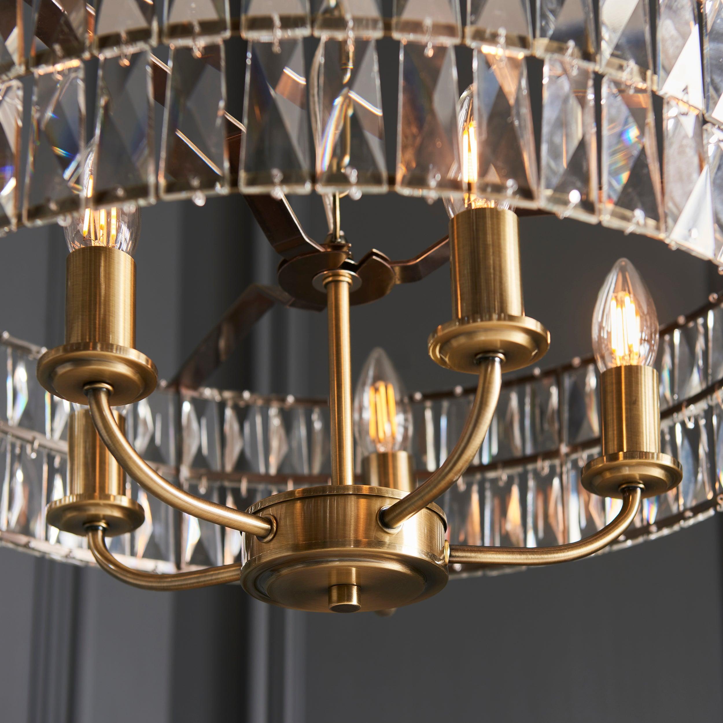 Clifton 5 Light Brass & Clear Cut Glass Pendant-Ceiling Pendant Lights-Endon Lighting Bedrooom Lighting Wide ImageTiffany Lighting Direct