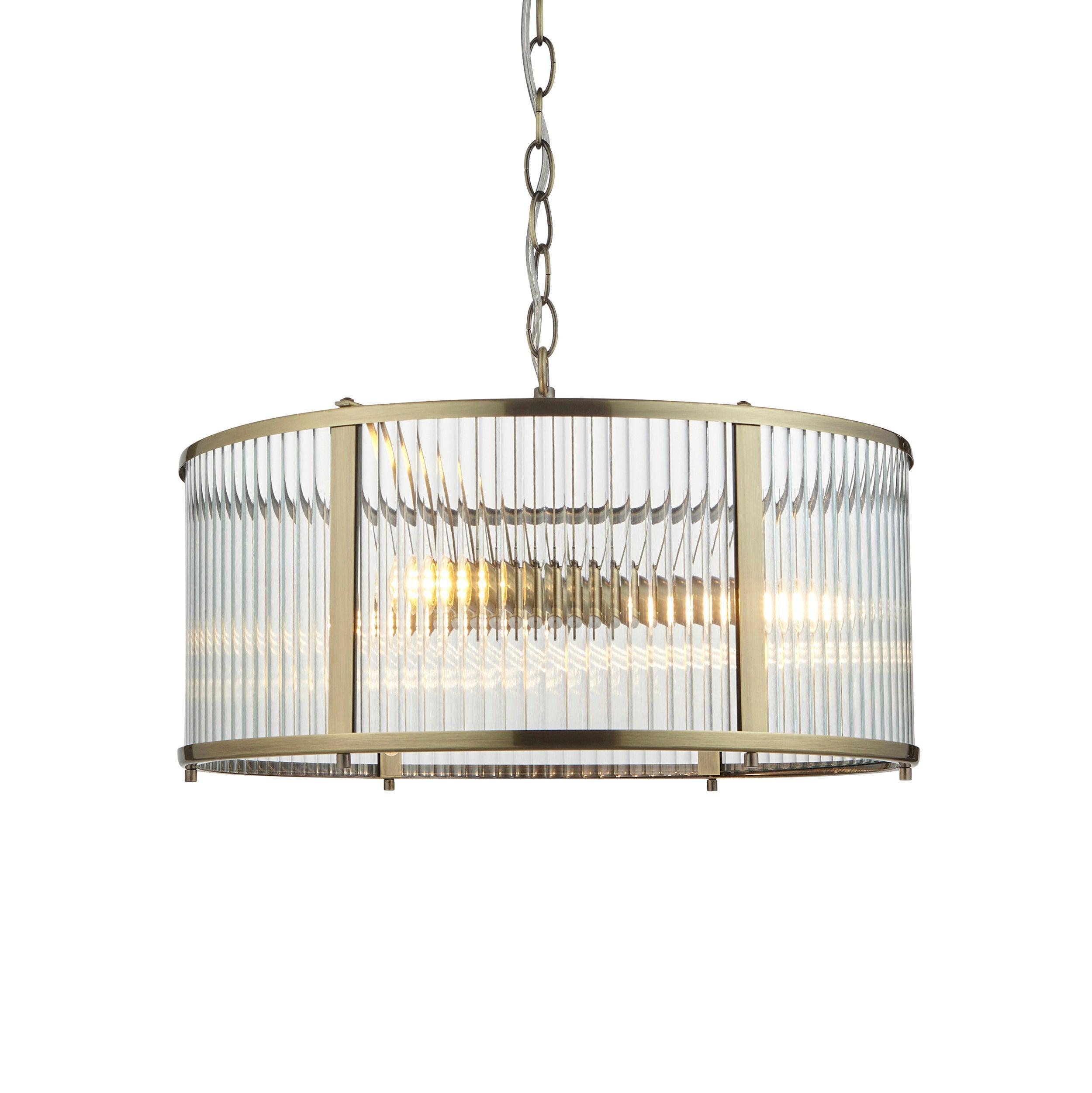 Ridgeton 3 Light Brass & Ribbed Shade Glass Pendant-Ceiling Pendant Lights-Endon Lighting Living Room Close Up Lighting Tiffany Lighting Direct