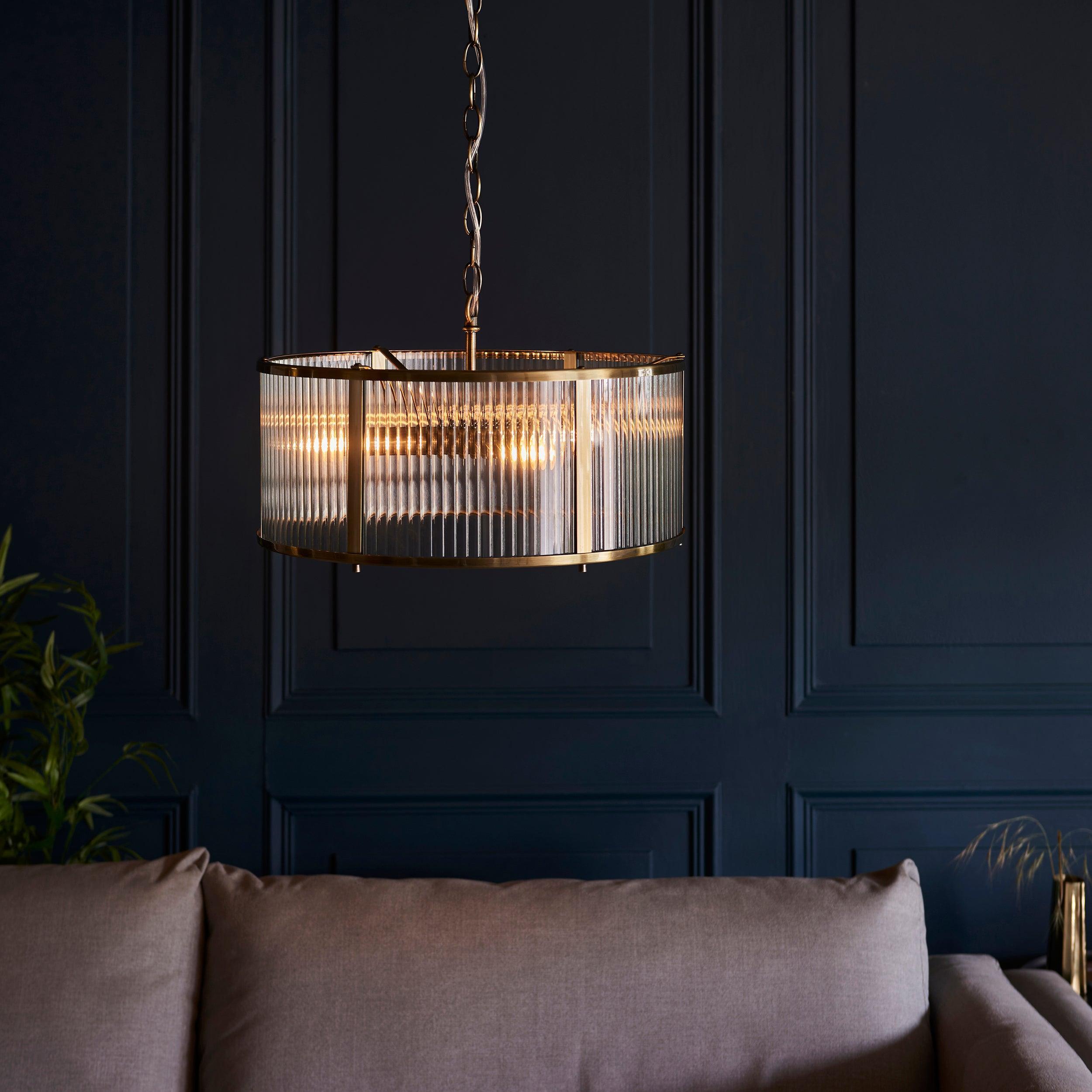 Ridgeton 3 Light Brass & Ribbed Shade Glass Pendant-Ceiling Pendant Lights-Endon Lighting Living Room Wide Shot Lighting Tiffany Lighting Direct