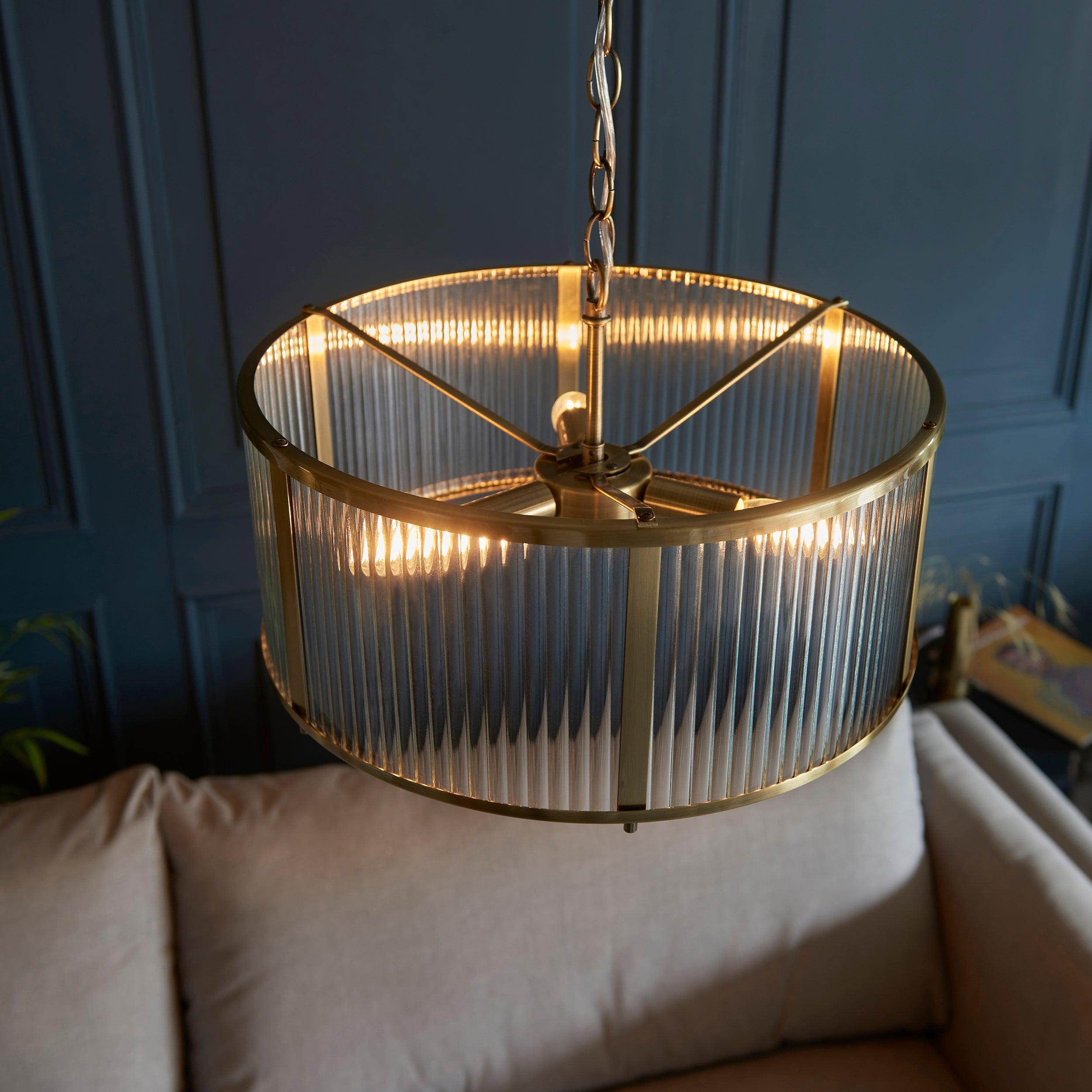 Ridgeton 3 Light Brass & Ribbed Shade Glass Pendant-Ceiling Pendant Lights-Endon Lighting living room close up Tiffany Lighting Direct