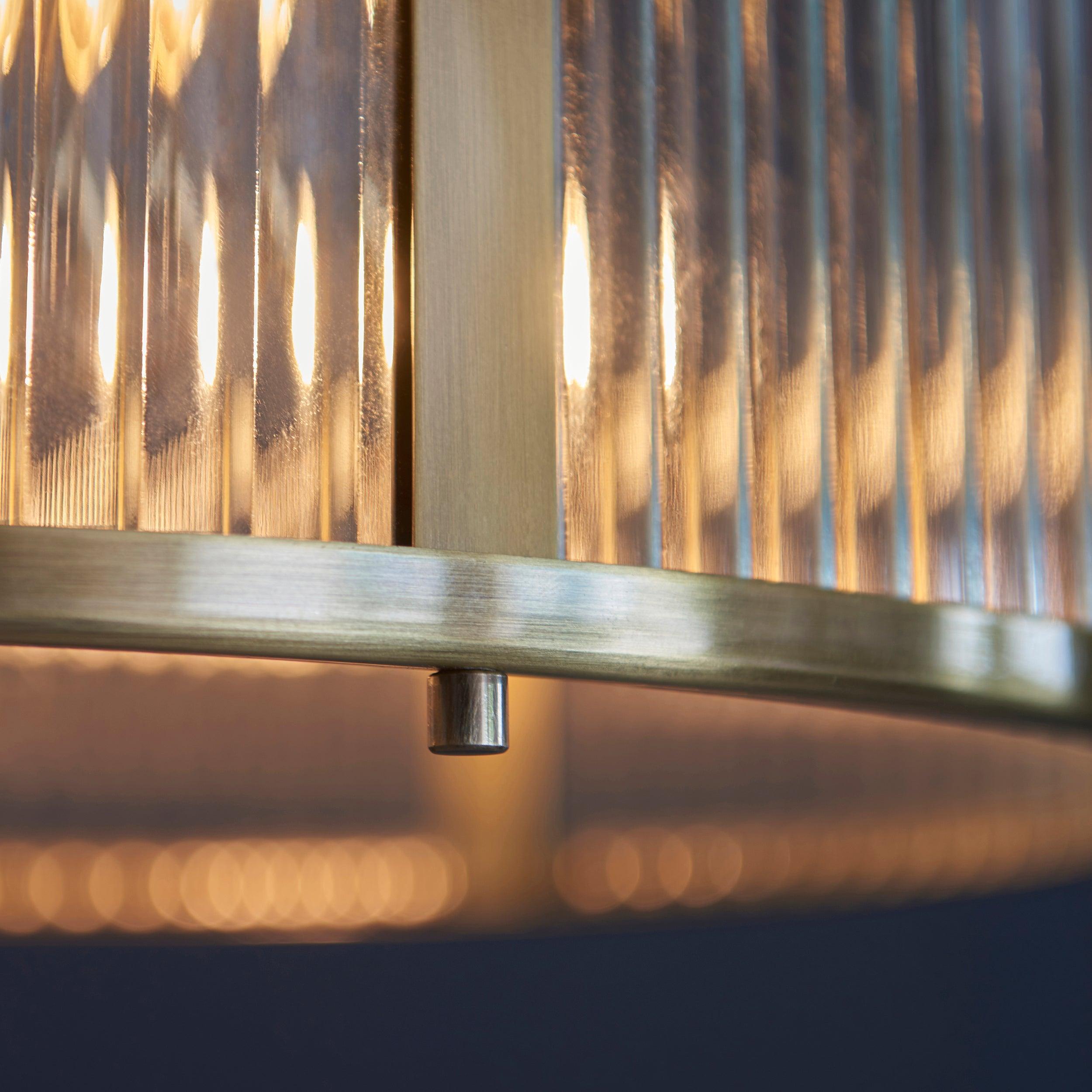 Ridgeton 3 Light Brass & Ribbed Shade Glass Pendant-Ceiling Pendant Lights-Endon Lighting living room close. up unlit Tiffany Lighting Direct