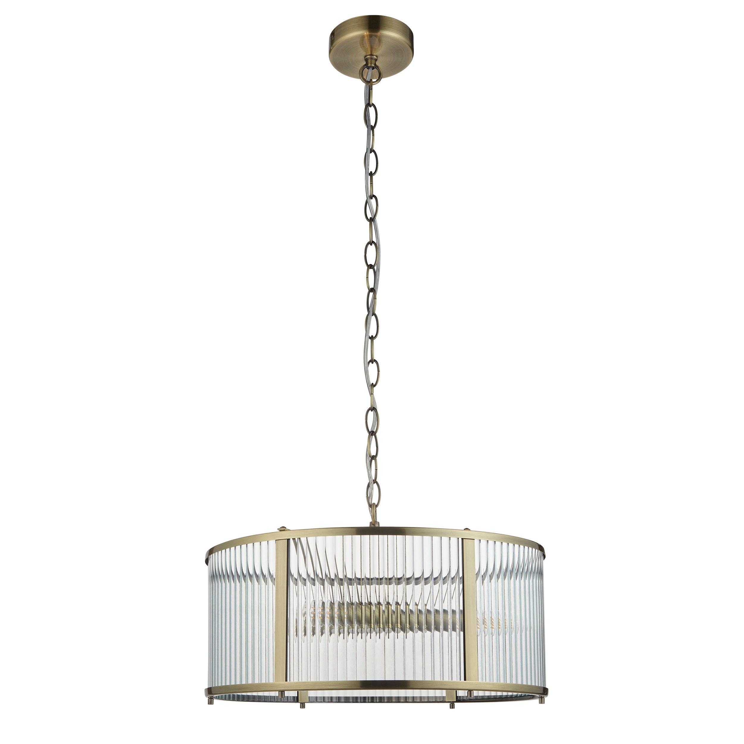 Ridgeton 3 Light Brass & Ribbed Shade Glass Pendant-Ceiling Pendant Lights-Endon Lighting Hallway Lighting Close upTiffany Lighting Direct