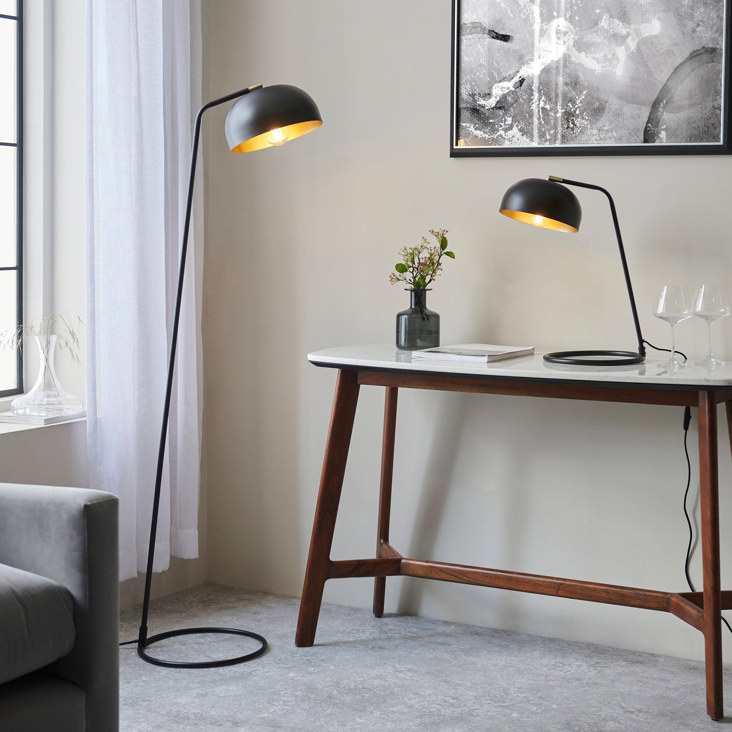 brair new black industrial floor lamp by Endon Lighting Bedroom Close Up Image