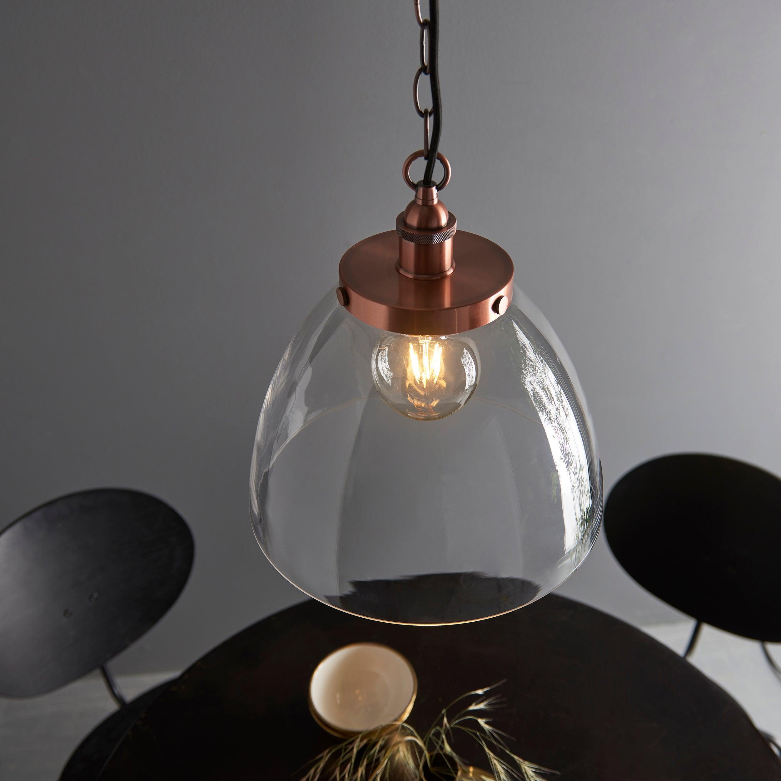 Hansen Grand Copper Pendant Ceiling Light-Ceiling Pendant Lights-Endon Lighting living room close. up unlit Tiffany Lighting Direct