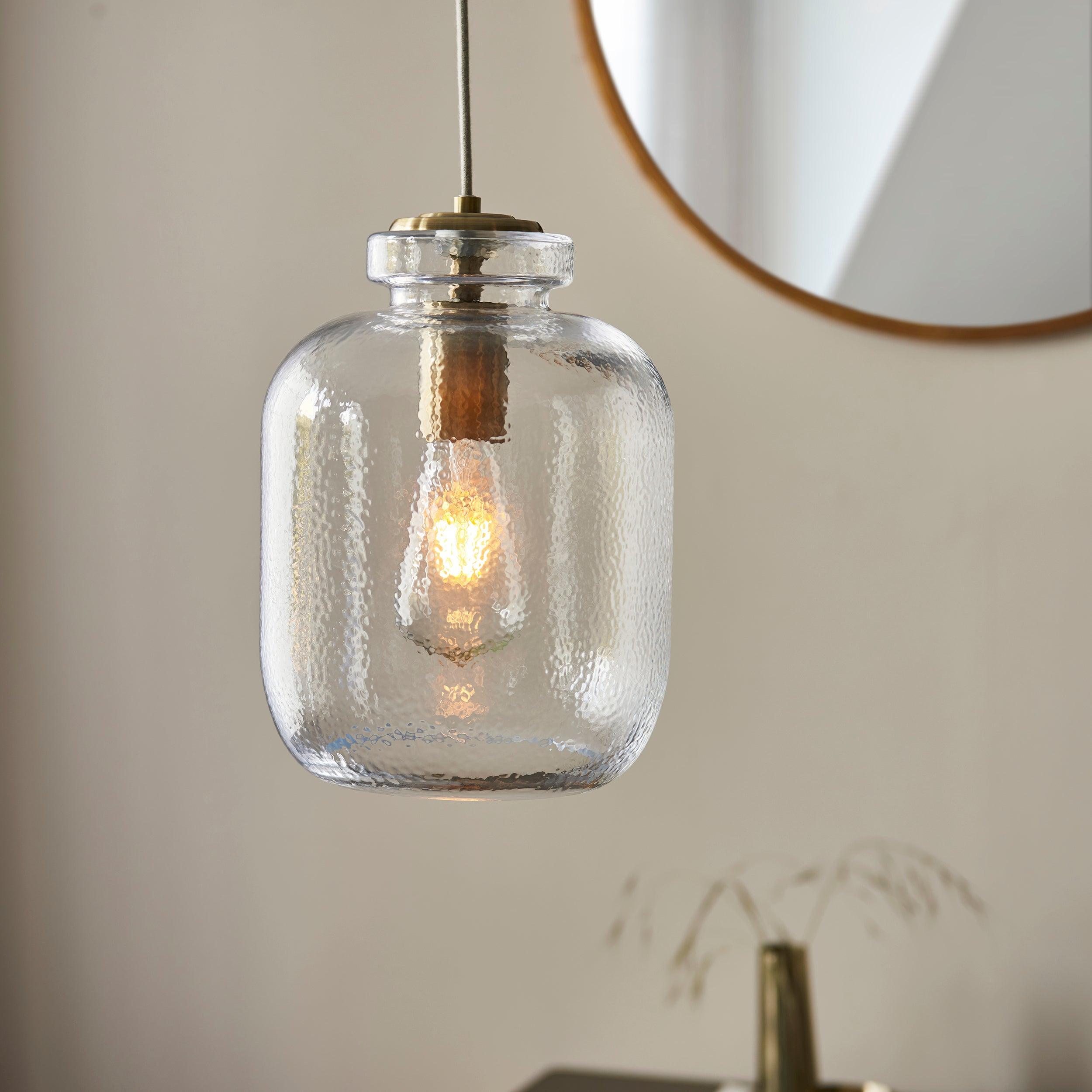 Lyra Brass & Clear Textured Glass Pendant-Ceiling Pendant Lights-Endon Lighting Living Room Close Up Lighting Tiffany Lighting Direct