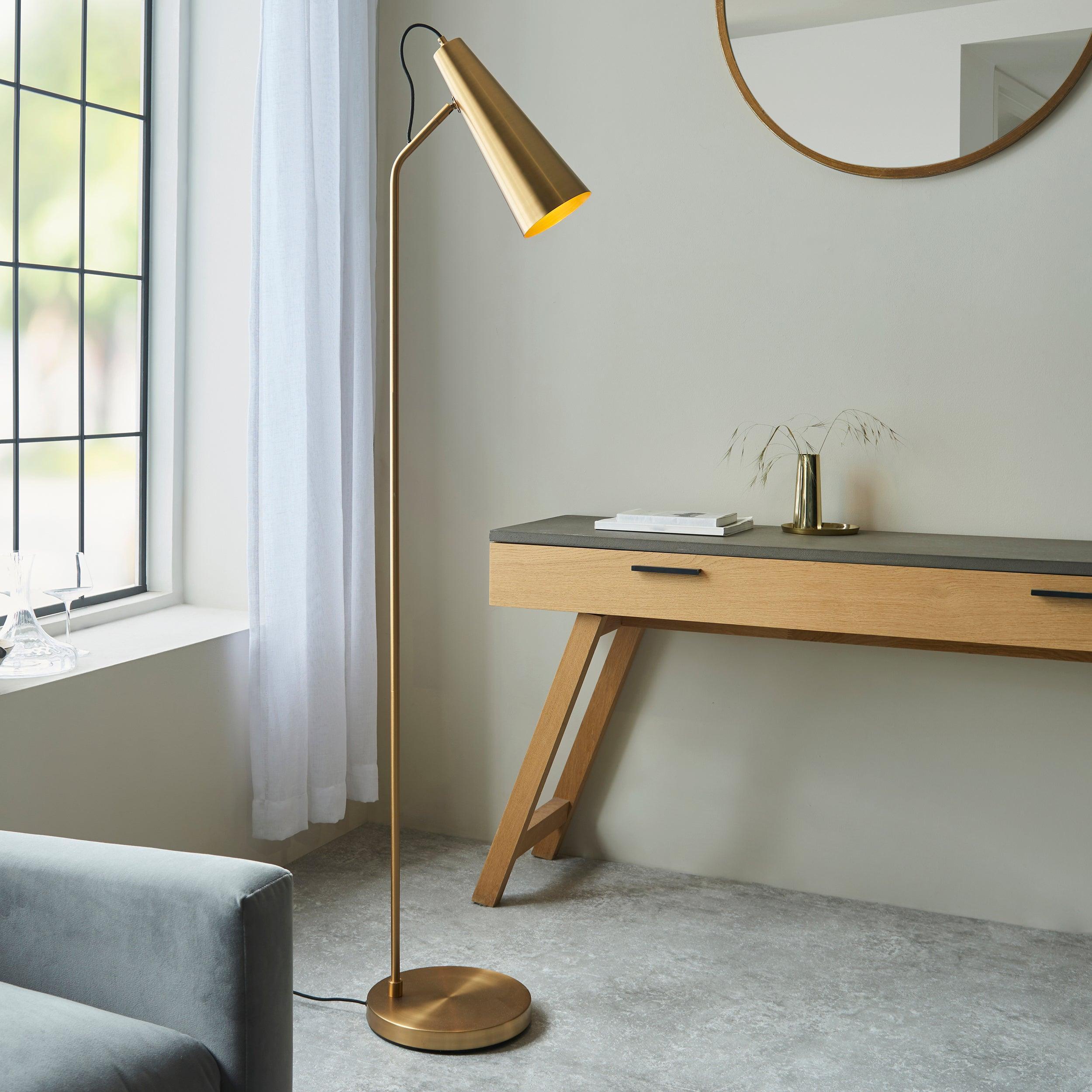 karna new industrial gold floor lamp by Endon Lighting Living room close up image