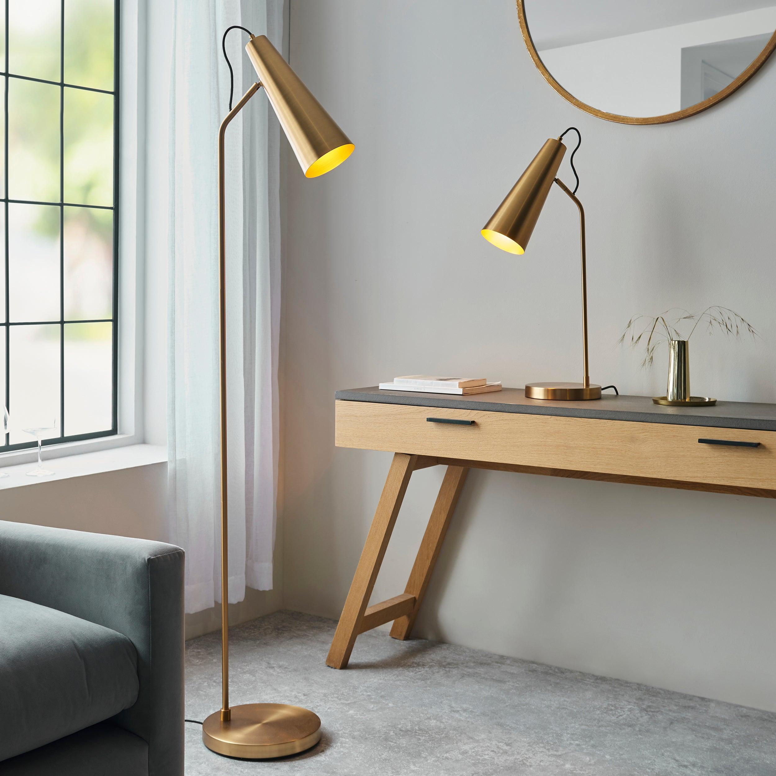 karna new industrial gold floor lamp by Endon Lighting Bedroom Hero Shot
