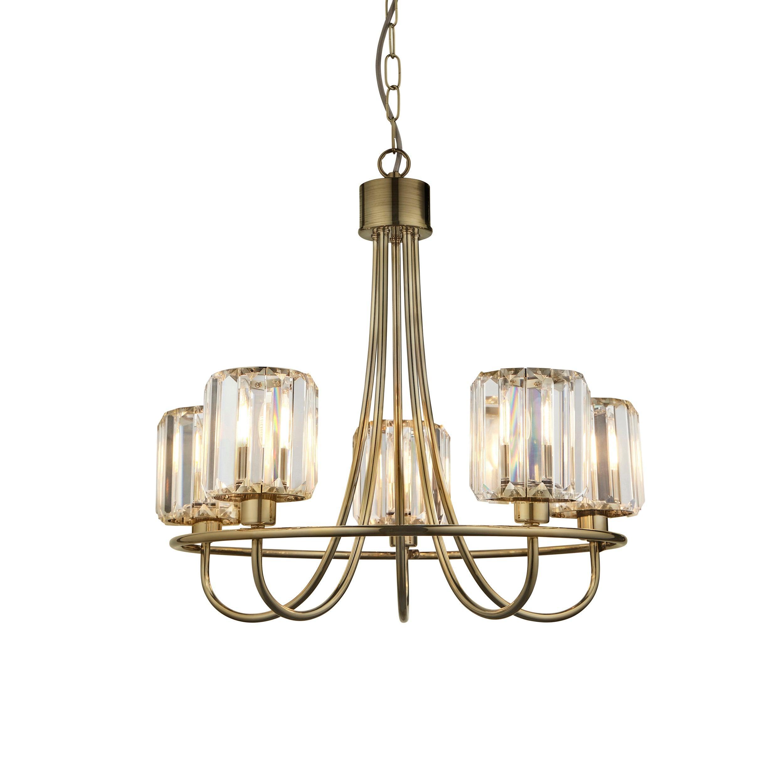 Berenice Brass 5 Light Pendant - Clear Cut Glass Shades-Ceiling Pendant Lights-Endon Lighting Living Room Close Up Lighting Tiffany Lighting Direct