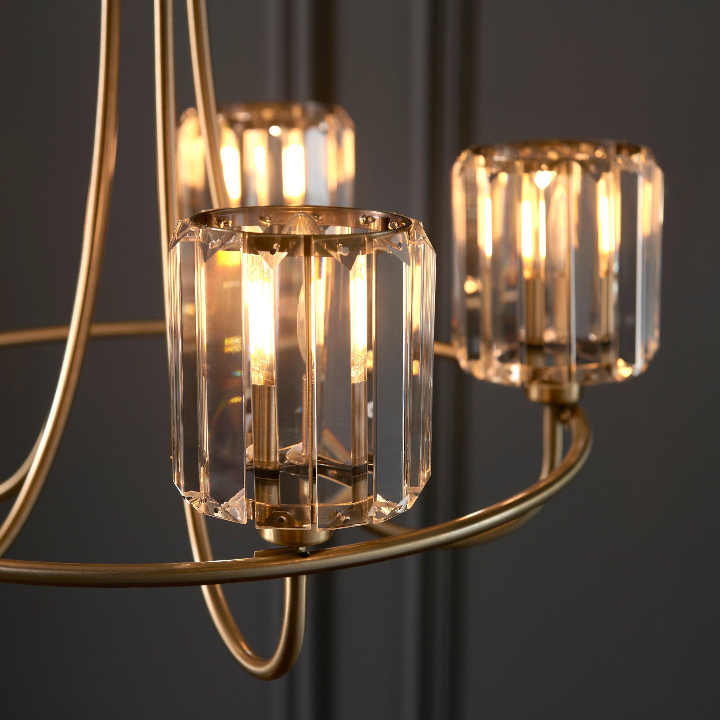 Berenice Brass 5 Light Pendant - Clear Cut Glass Shades-Ceiling Pendant Lights-Endon Lighting living room 2nd close upTiffany Lighting Direct