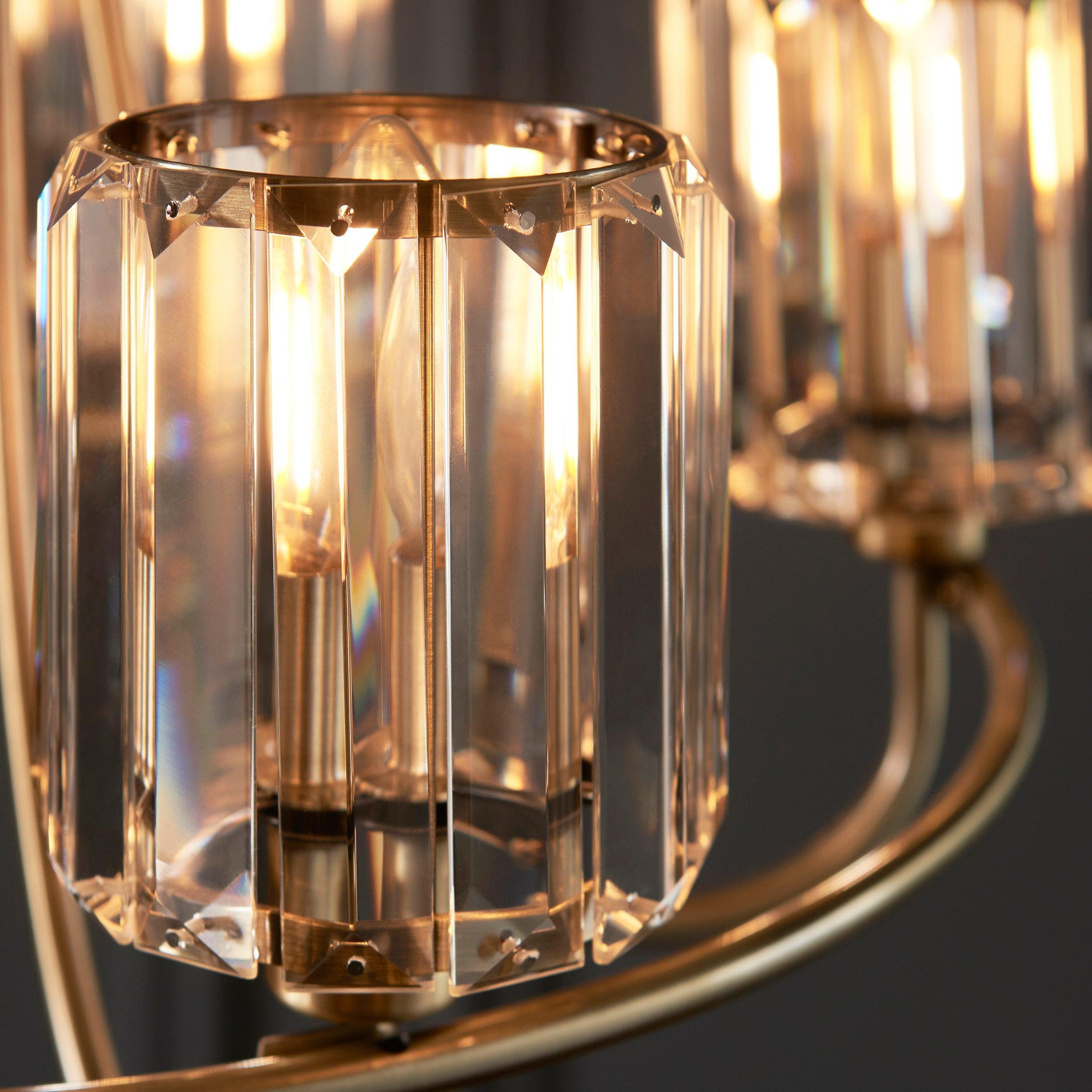 Berenice Brass 5 Light Pendant - Clear Cut Glass Shades-Ceiling Pendant Lights-Endon Lighting living room close. up unlit Tiffany Lighting Direct