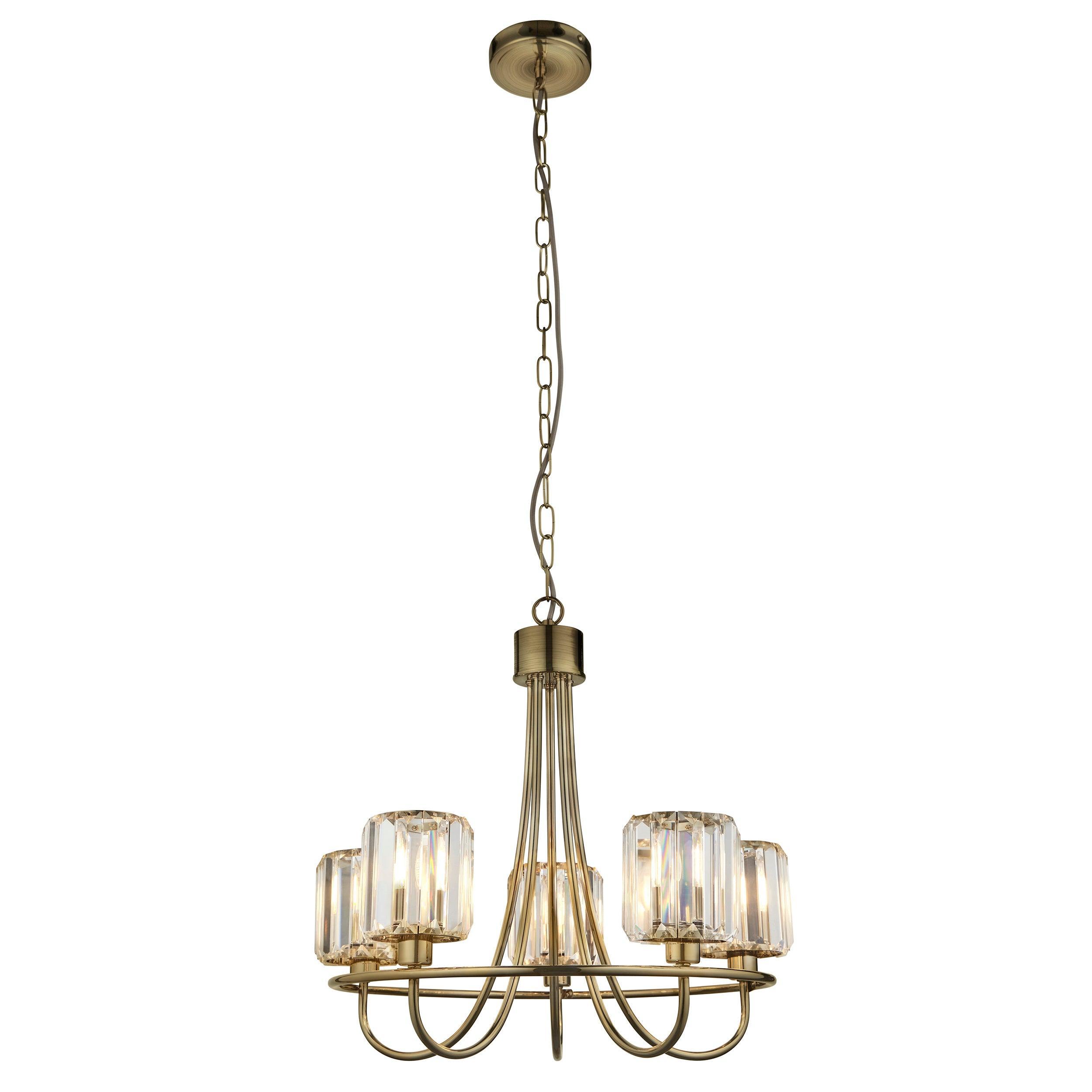 Berenice Brass 5 Light Pendant - Clear Cut Glass Shades-Ceiling Pendant Lights-Endon Lighting Hallway Lighting Close upTiffany Lighting Direct