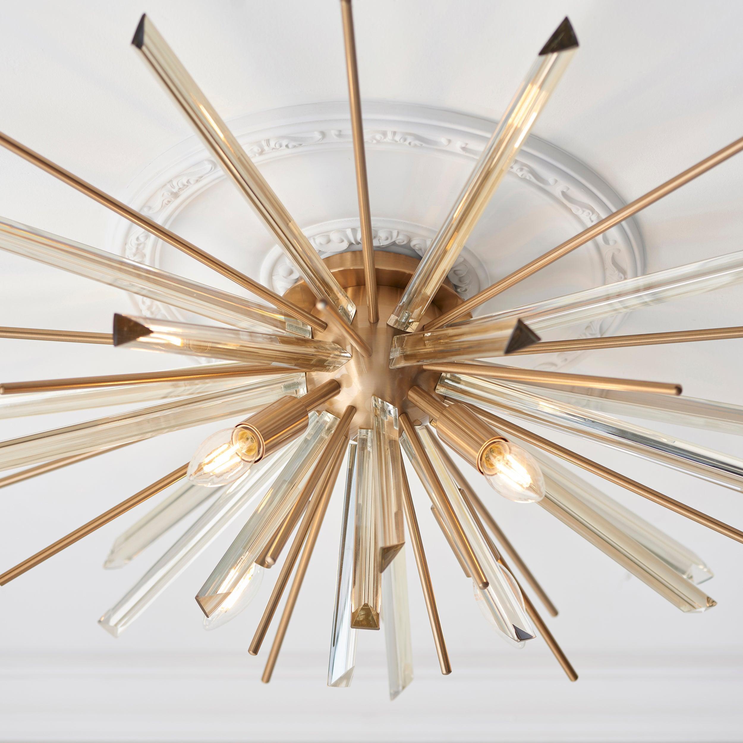 Helios Brass Flush Living Room Ceiling Light - Triangular Prism Glass Image 4