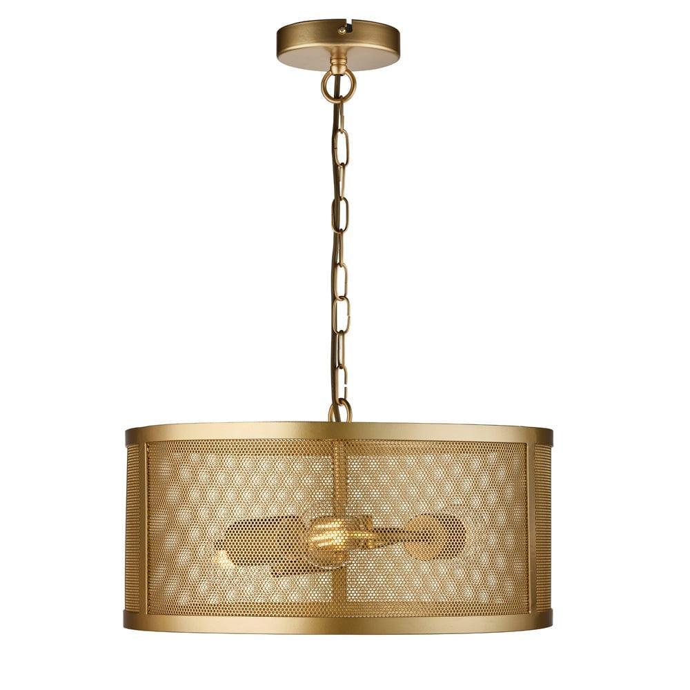 Searchlight Fishnet 3 Light Gold Drum Ceiling Pendant-Ceiling Pendant Lights-1-Tiffany Lighting Direct
