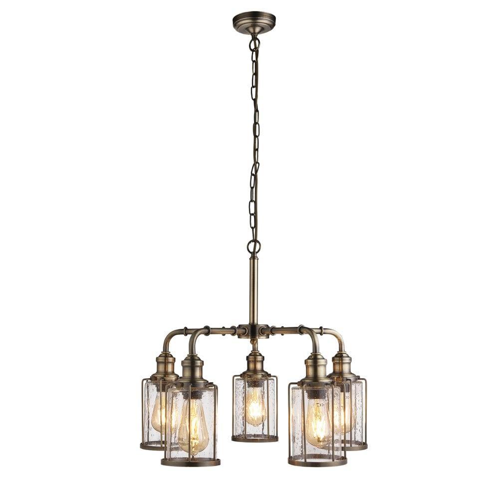 Pipes 5 Light Brass Ceiling Pendant - Seeded Glass-Ceiling Pendant Lights-1-Tiffany Lighting Direct